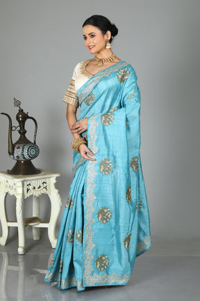 Blue Blended Tussar Silk Saree