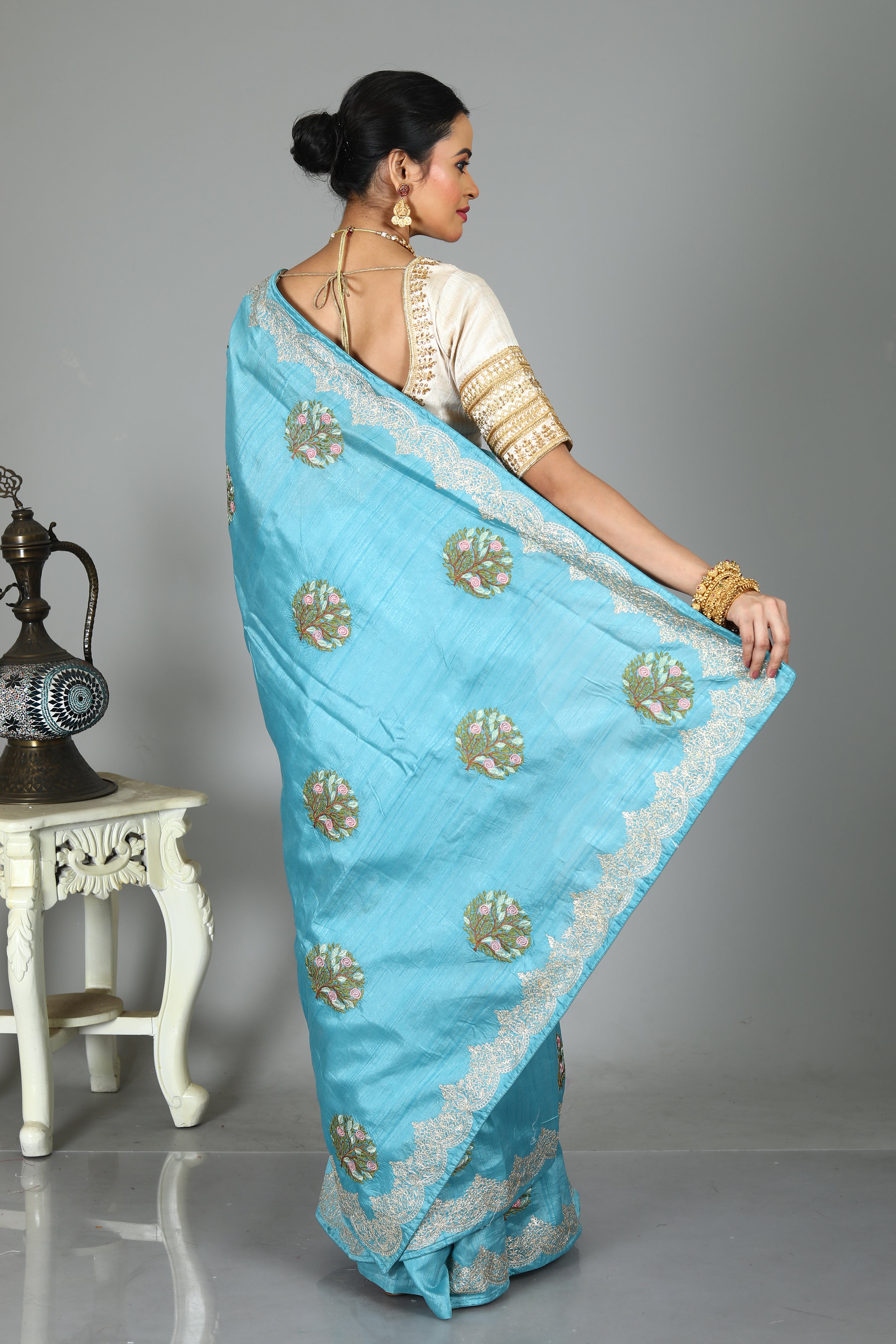 Blue Blended Tussar Silk Saree