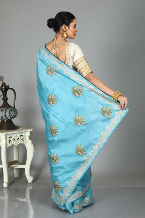 Blue Blended Tussar Silk Saree