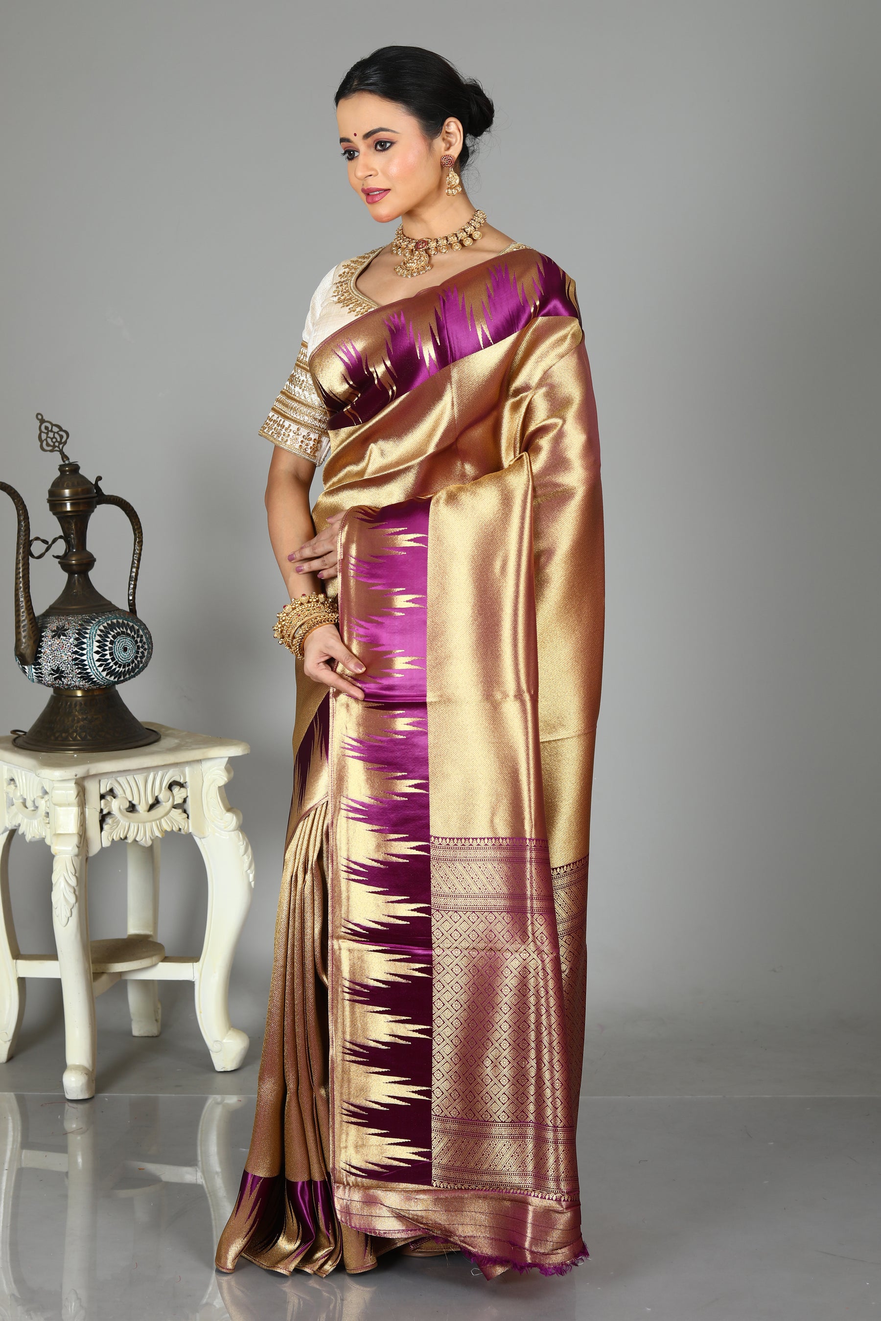 Dual Tone Golden Blended Tissue Saree