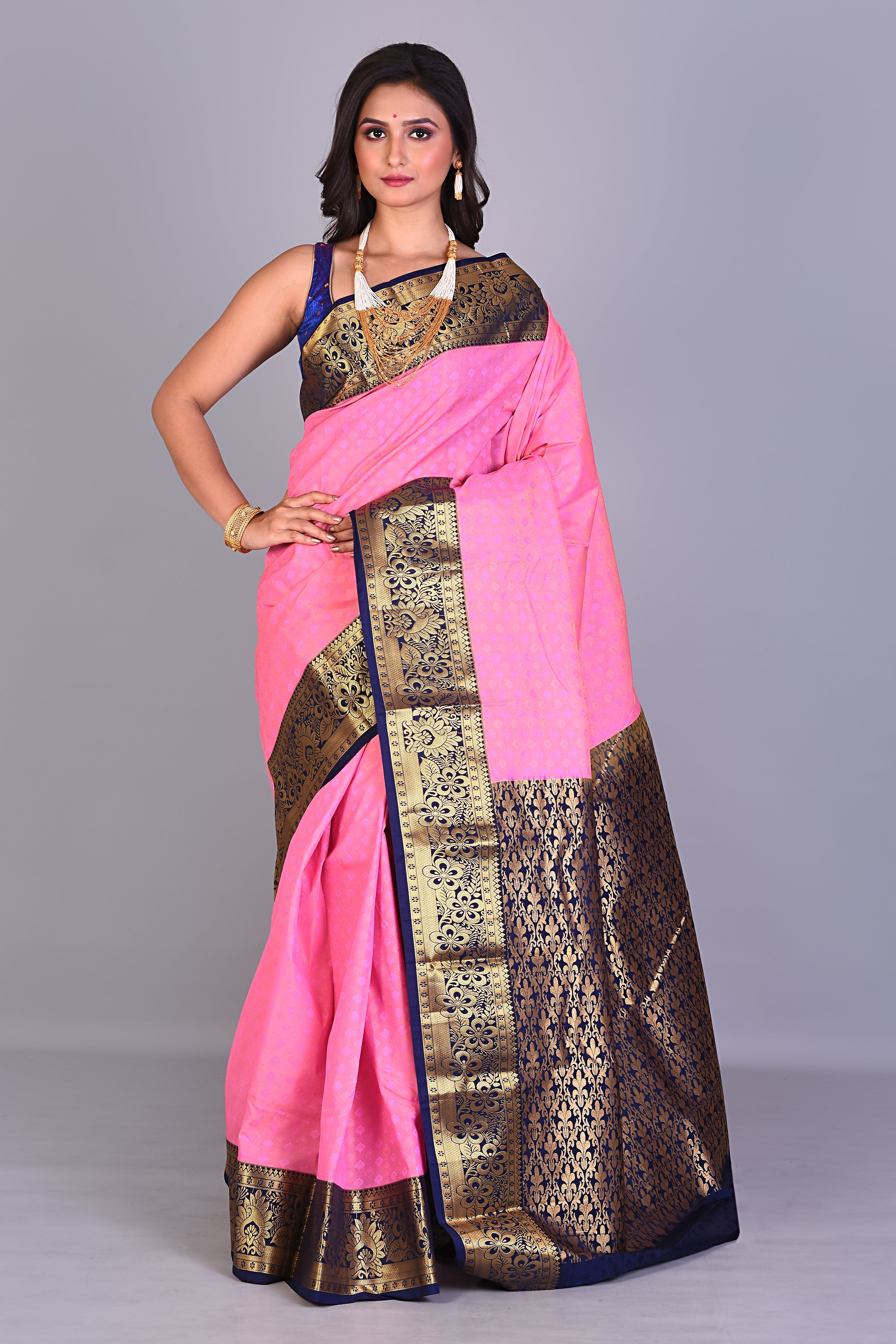 Pink Blended Kanjivaram Silk Saree with Navy Blue Borders - Keya Seth Exclusive