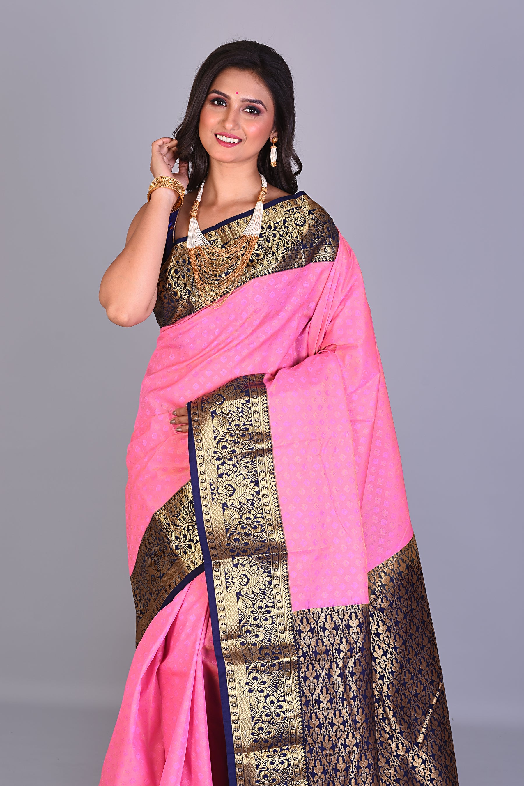 Pink Blended Kanjivaram Silk Saree with Navy Blue Borders - Keya Seth Exclusive