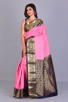 Pink Blended Kanjivaram Silk Saree with Navy Blue Borders - Keya Seth Exclusive