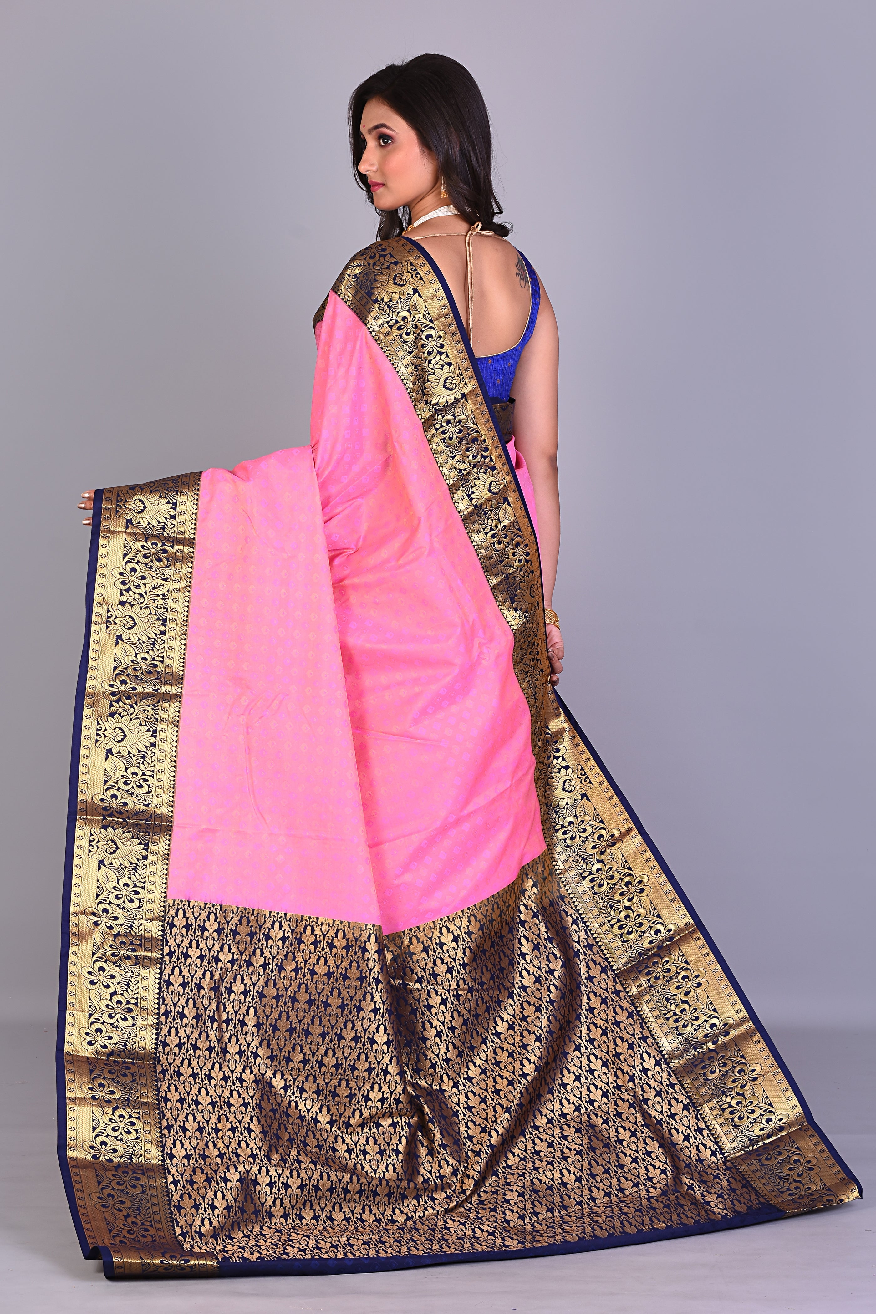 Pink Blended Kanjivaram Silk Saree with Navy Blue Borders - Keya Seth Exclusive