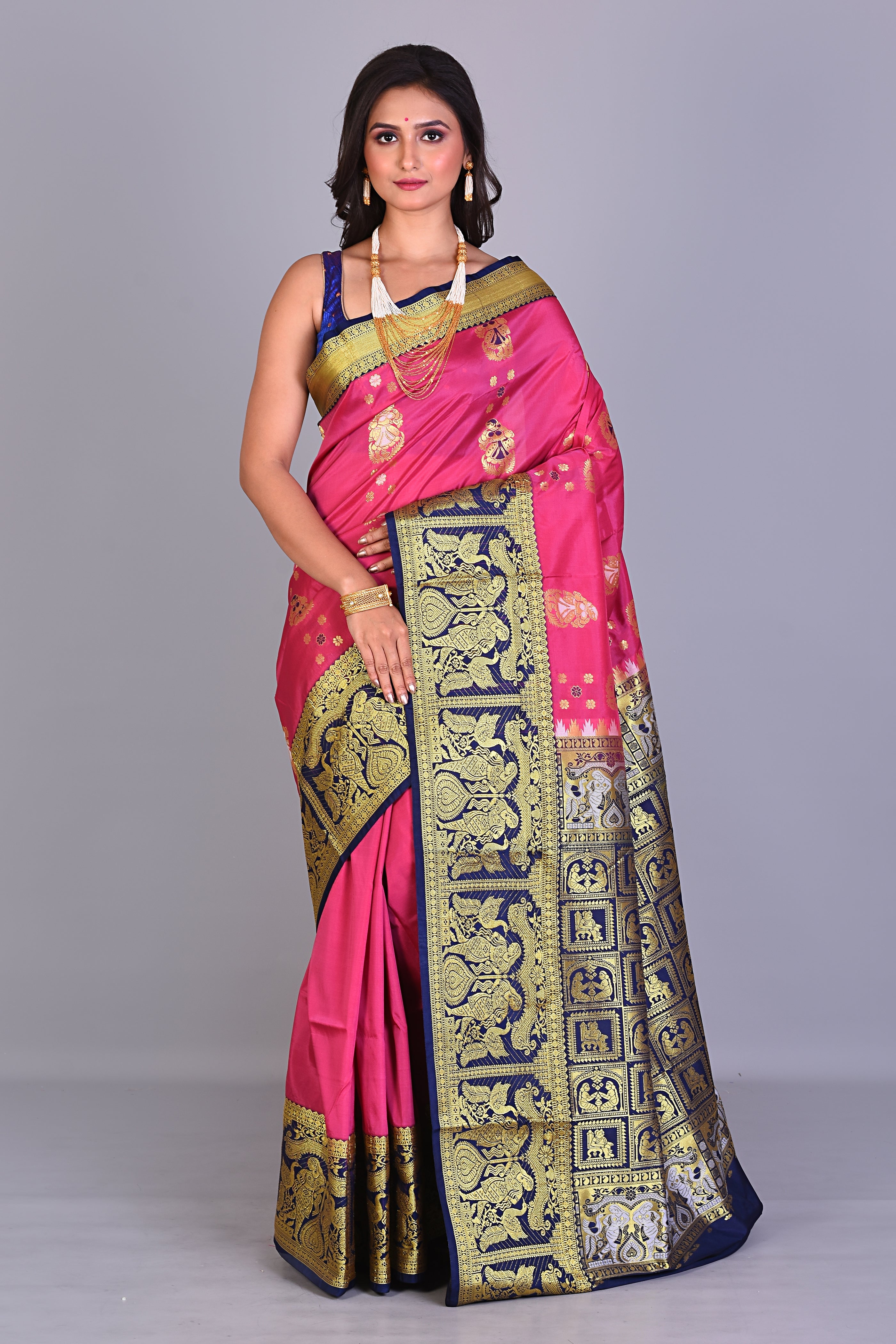 Rani Blended Kanjivaram Silk Saree with Navy Blue Borders - Keya Seth Exclusive