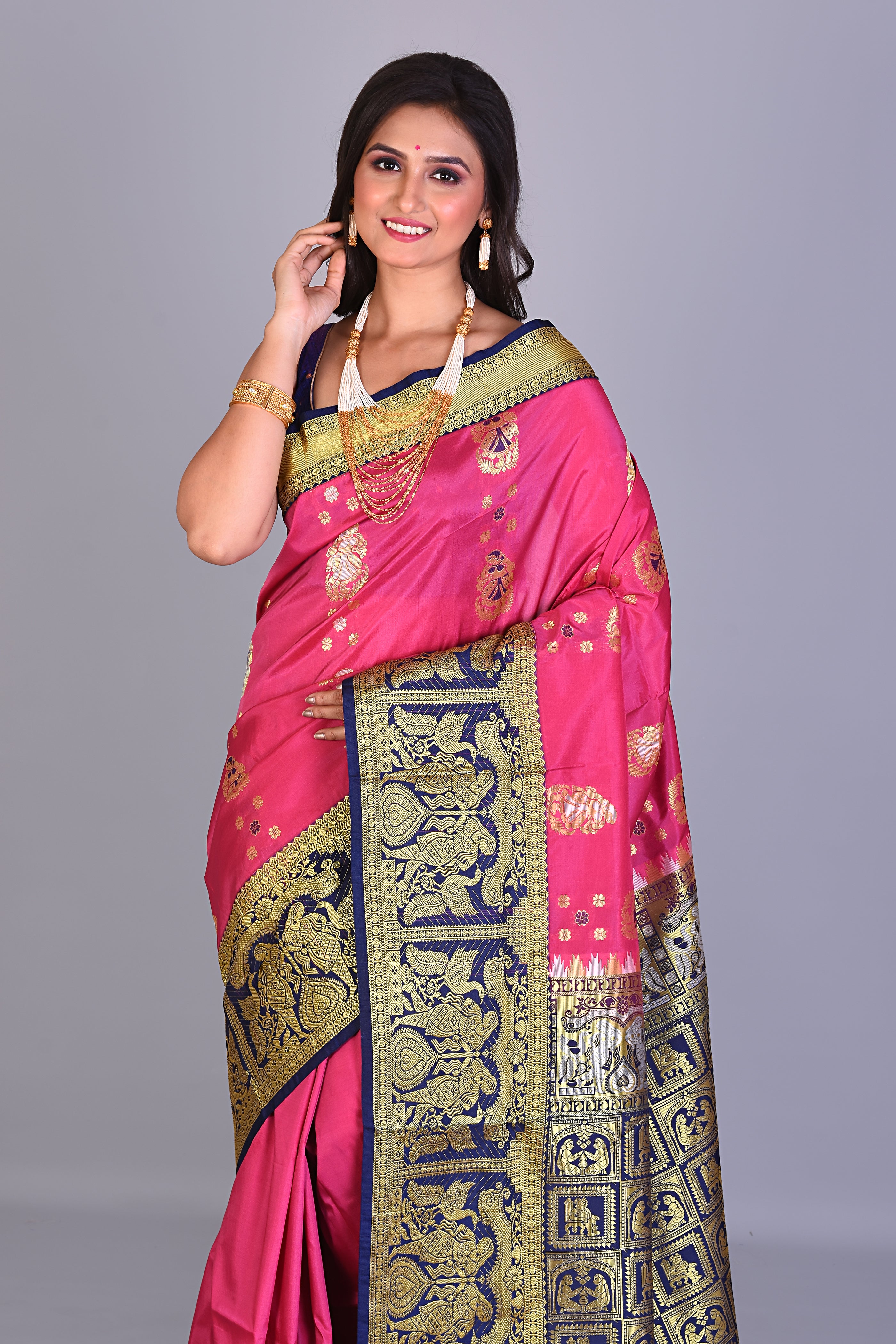 Rani Blended Kanjivaram Silk Saree with Navy Blue Borders - Keya Seth Exclusive