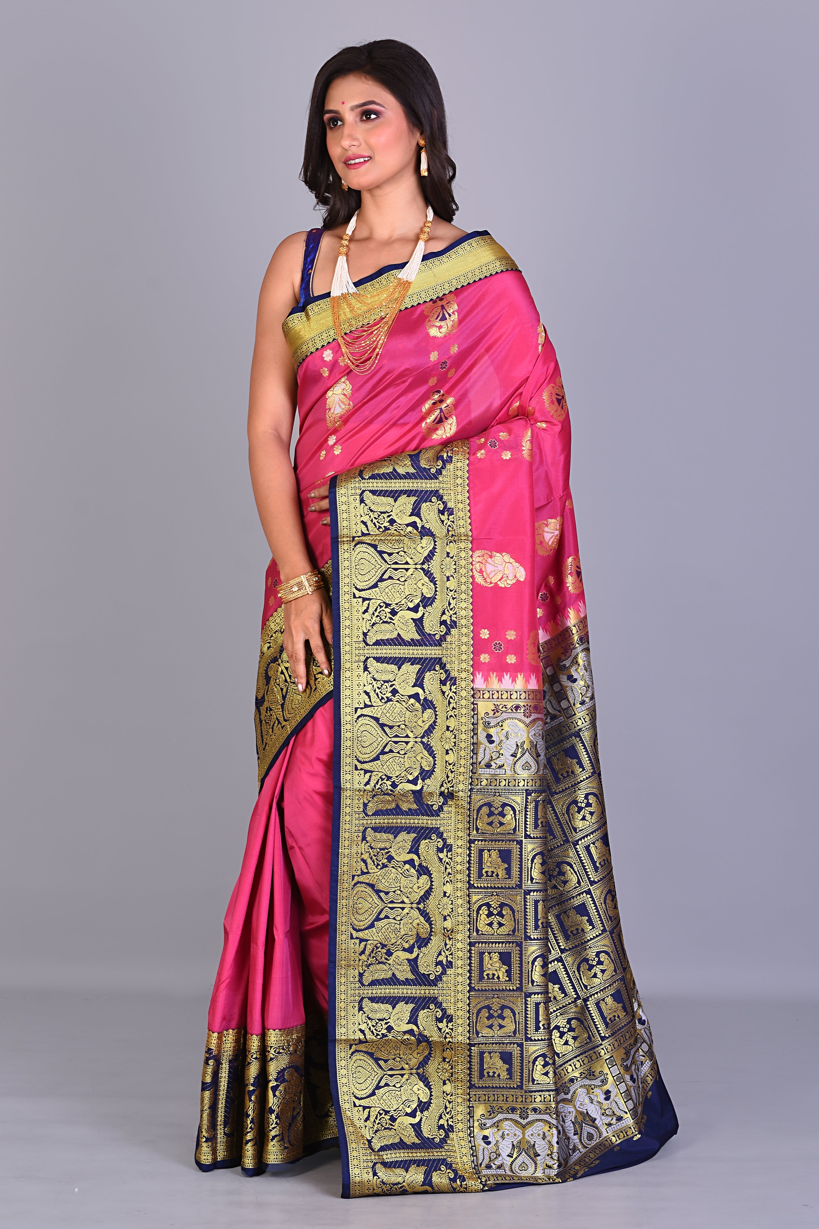 Rani Blended Kanjivaram Silk Saree with Navy Blue Borders - Keya Seth Exclusive