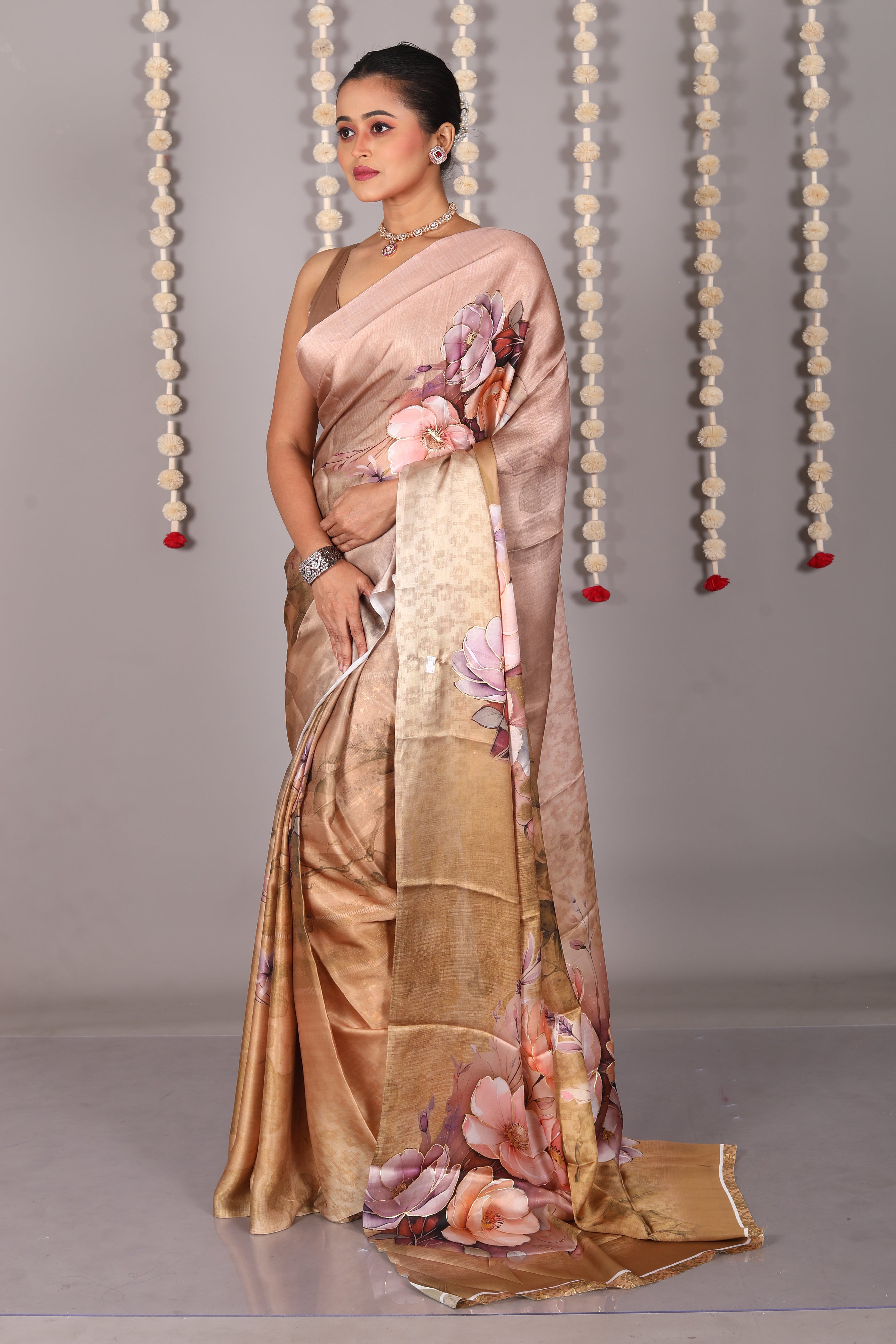 Light Brown Blended Satin Silk Saree - Keya Seth Exclusive