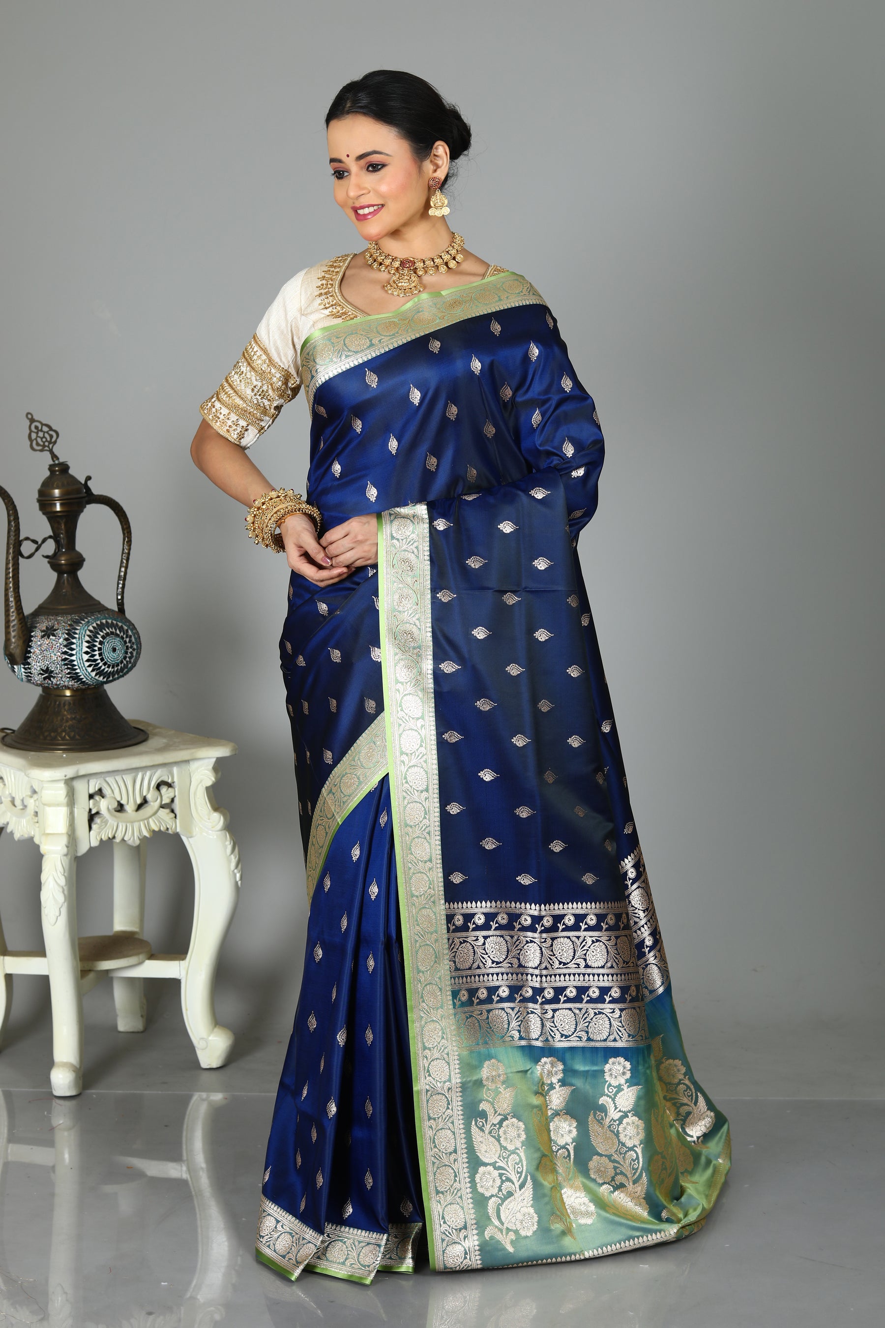Midnight Blue Blended Mashru Silk Saree