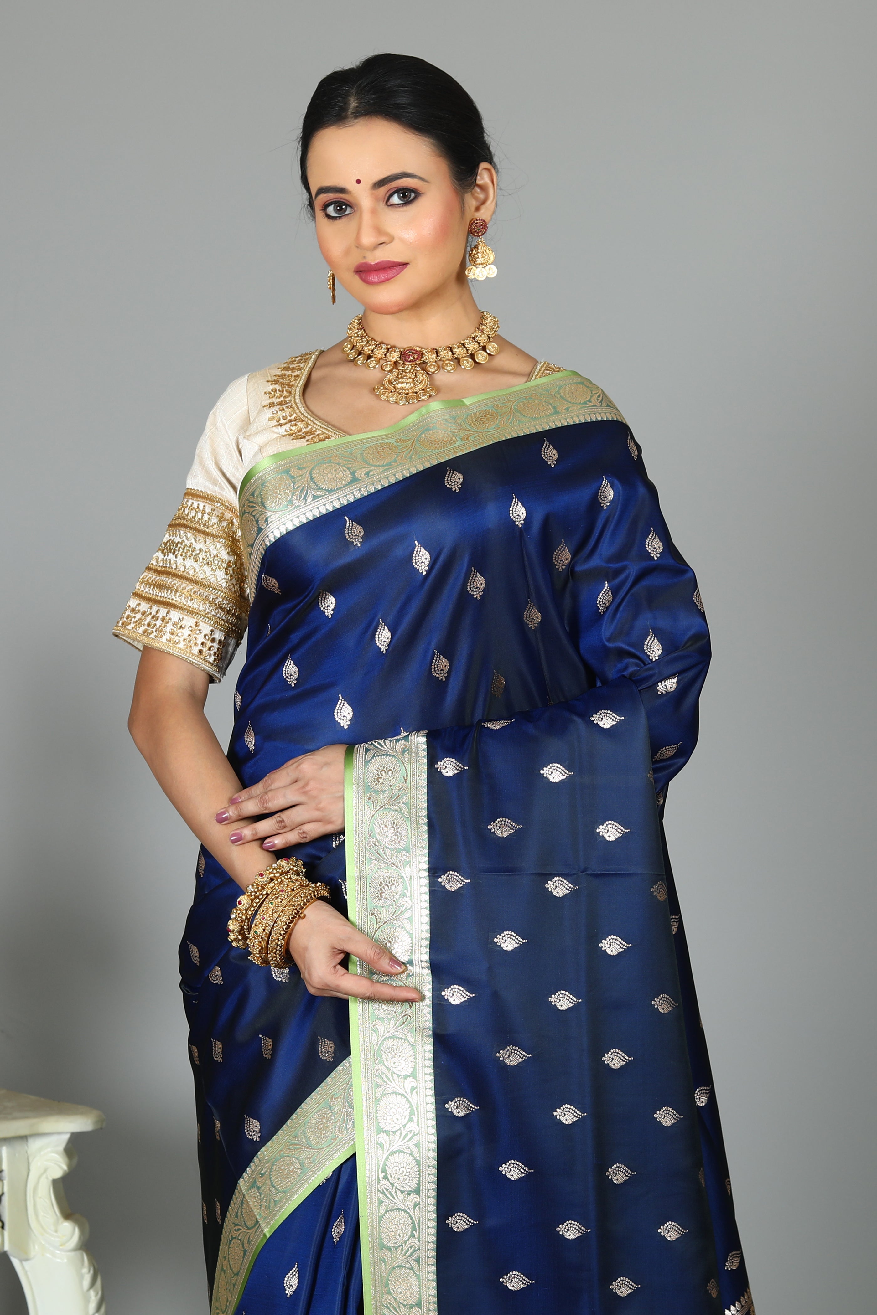Midnight Blue Blended Mashru Silk Saree