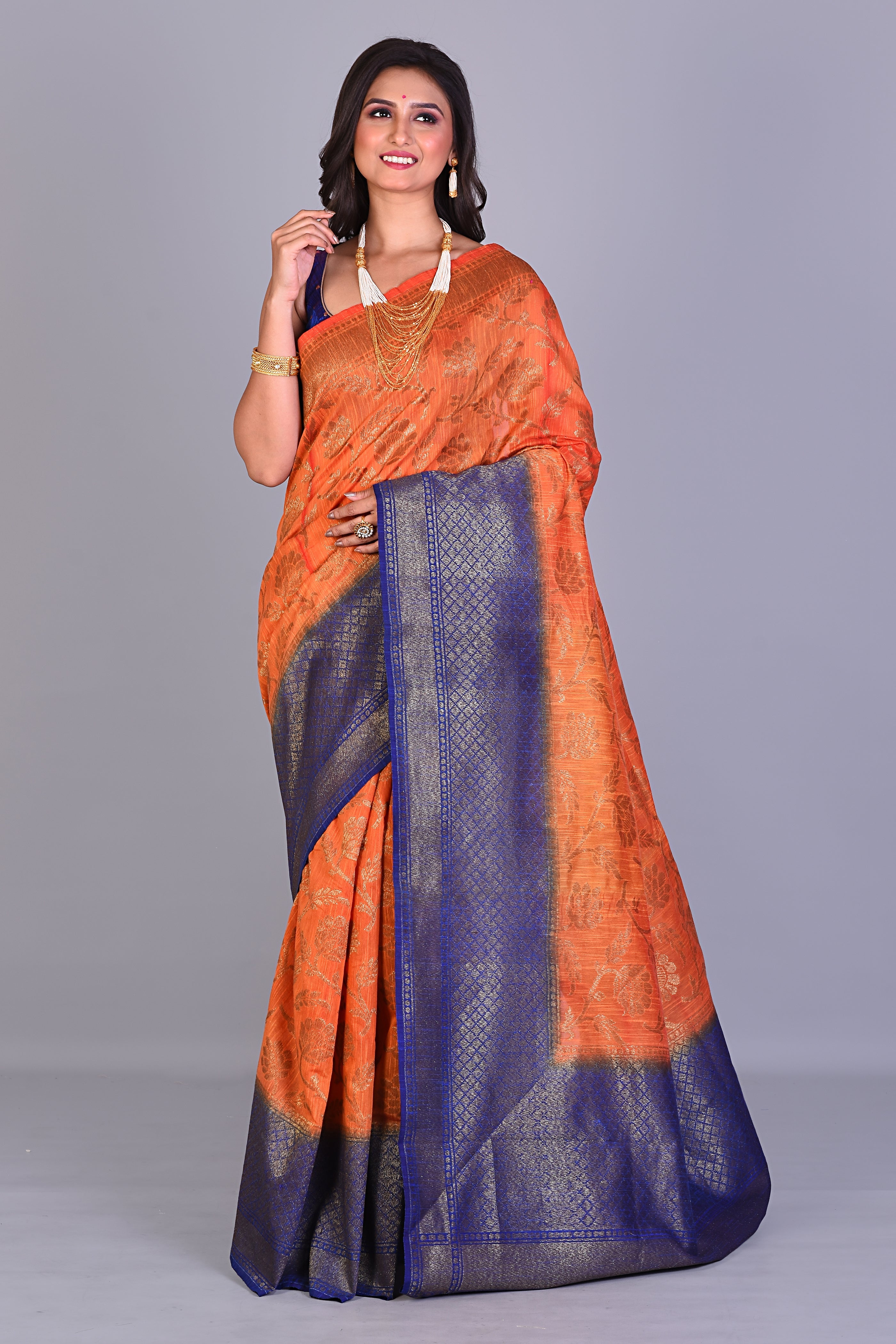 Orange Art Silk Saree with Blue Border - Keya Seth Exclusive