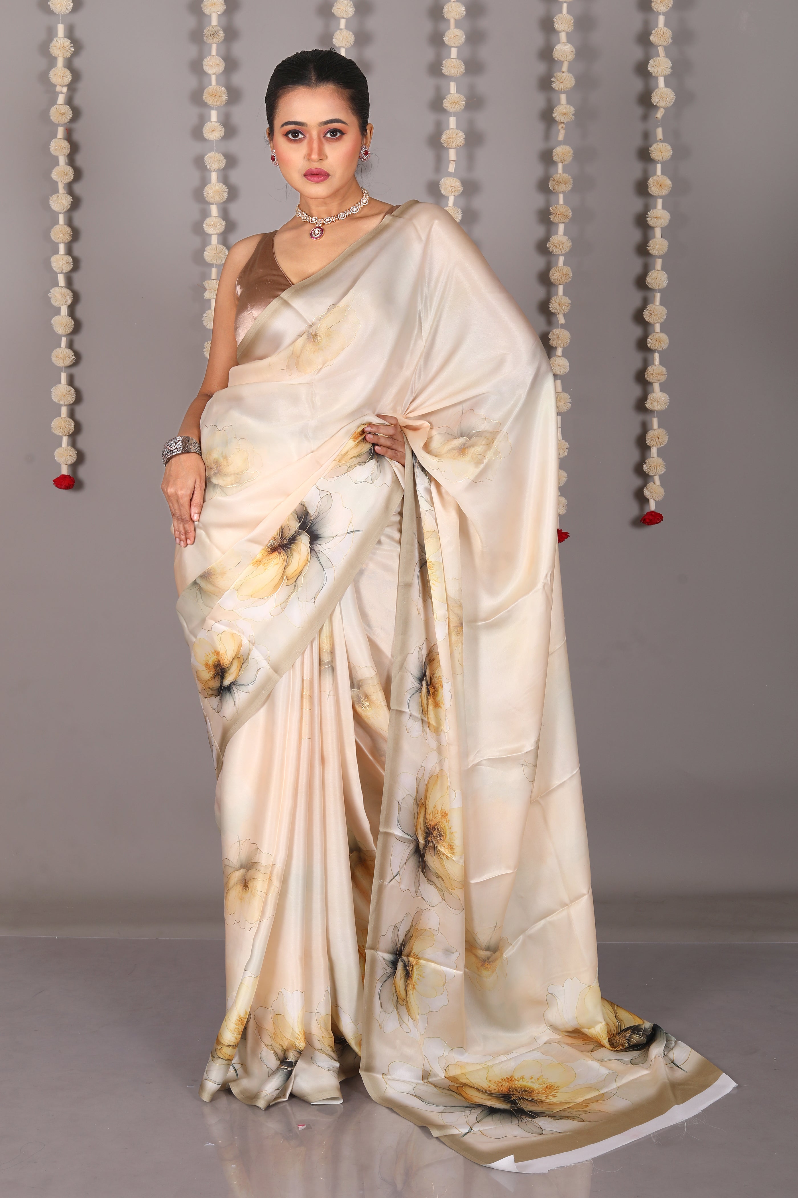 Offwhite Blended Satin Silk Saree - Keya Seth Exclusive
