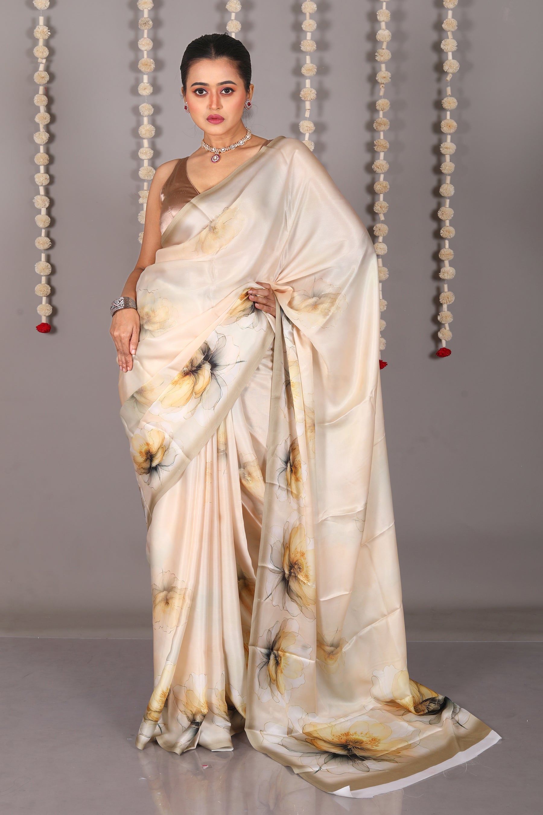 Offwhite Blended Satin Silk Saree - Keya Seth Exclusive