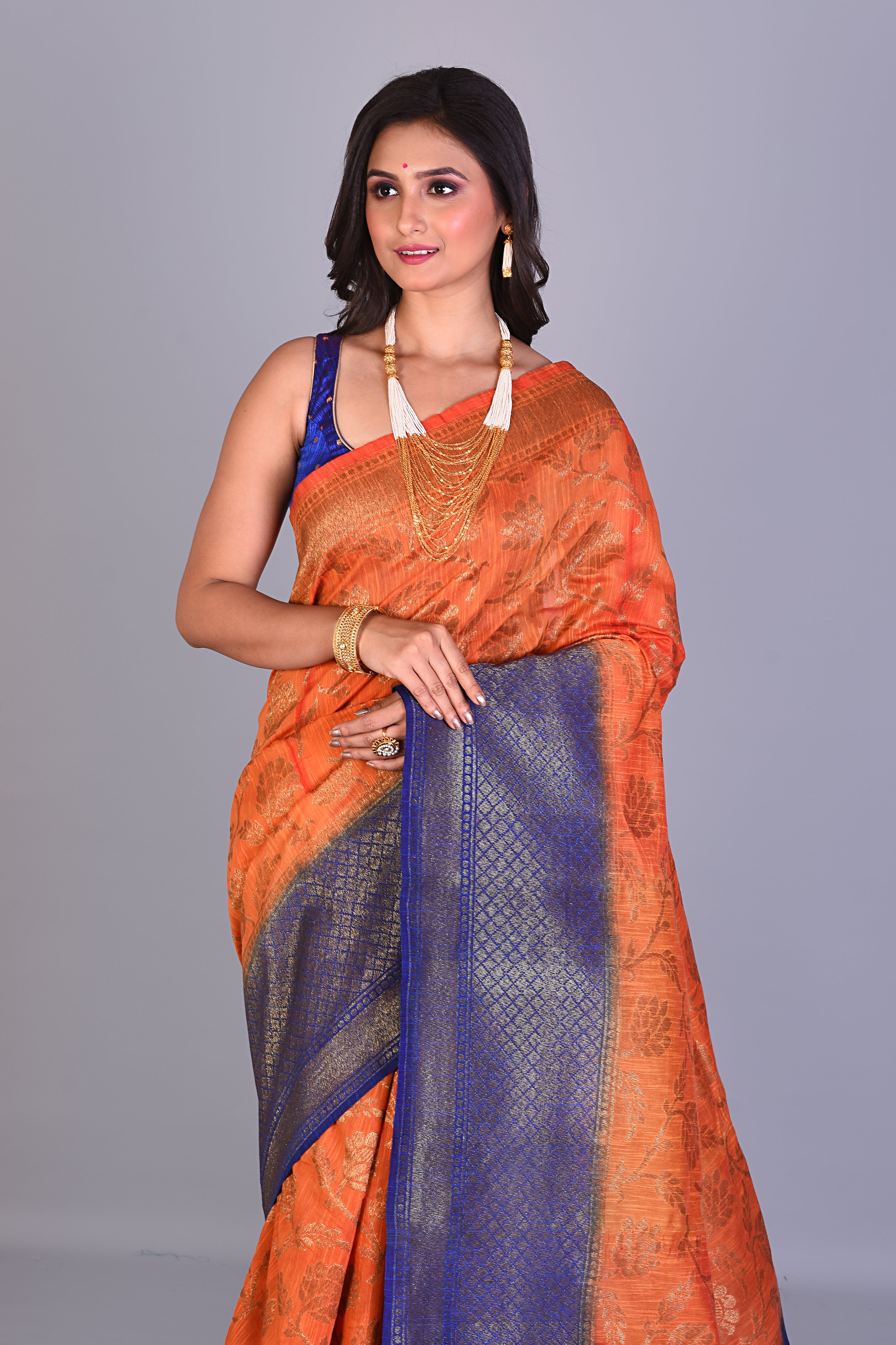 Orange Art Silk Saree with Blue Border - Keya Seth Exclusive