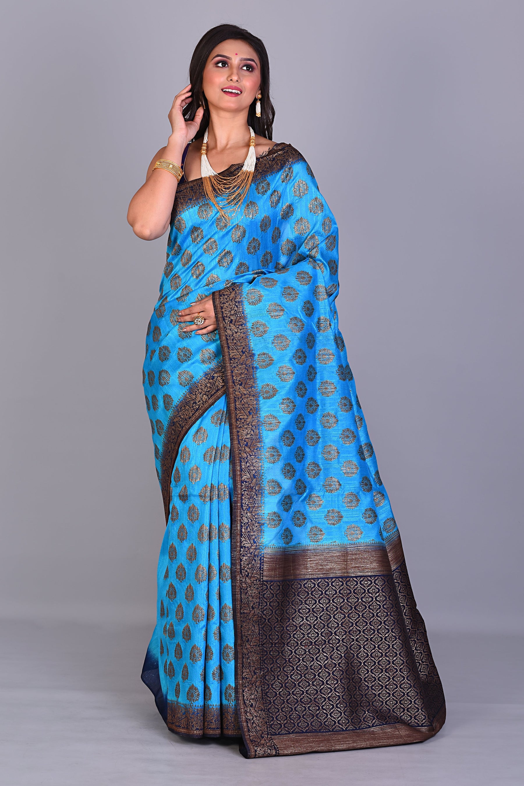 Light Blue Art Silk Saree with Navy Blue Borders - Keya Seth Exclusive