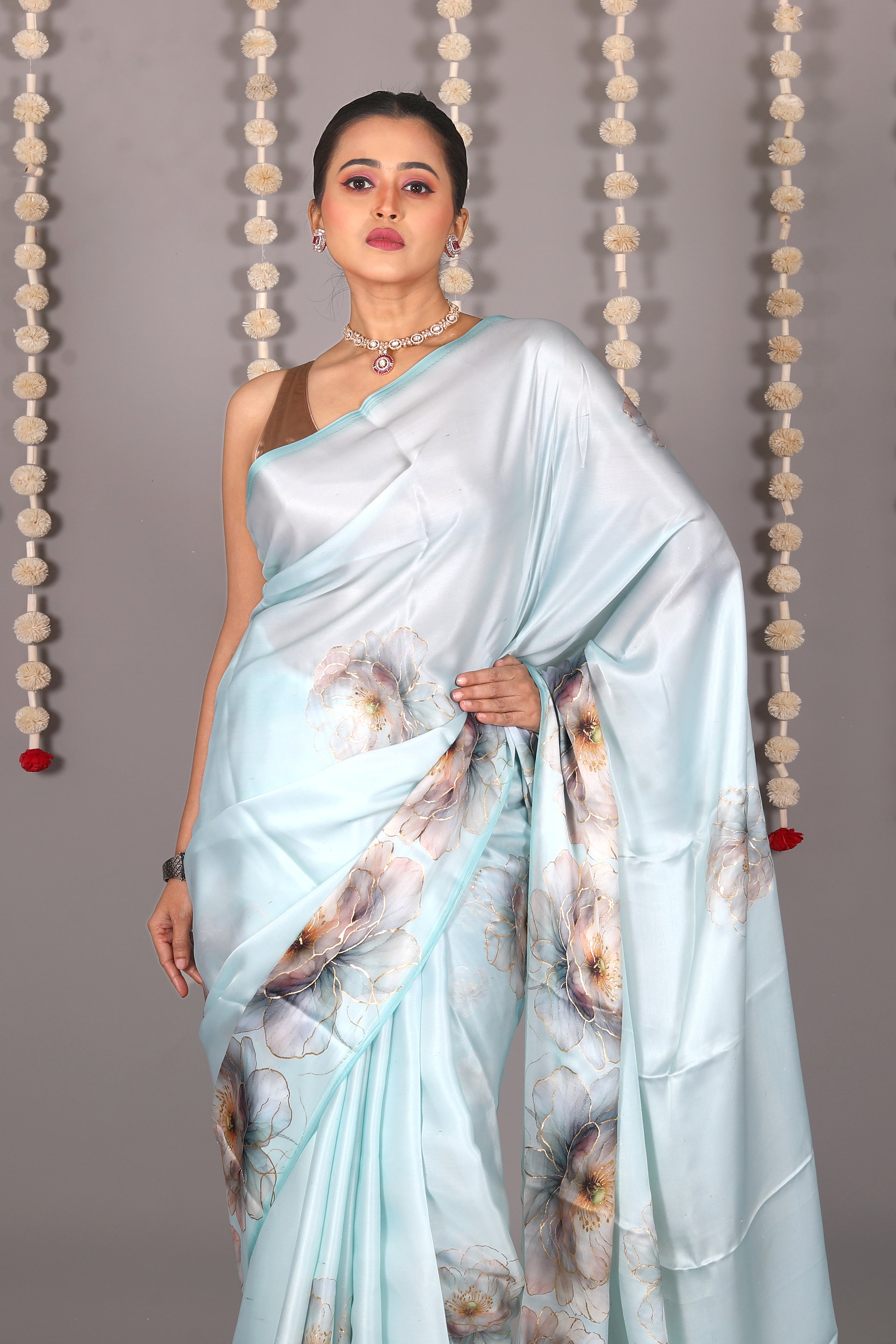 Sea Green Blended Satin Silk Saree - Keya Seth Exclusive