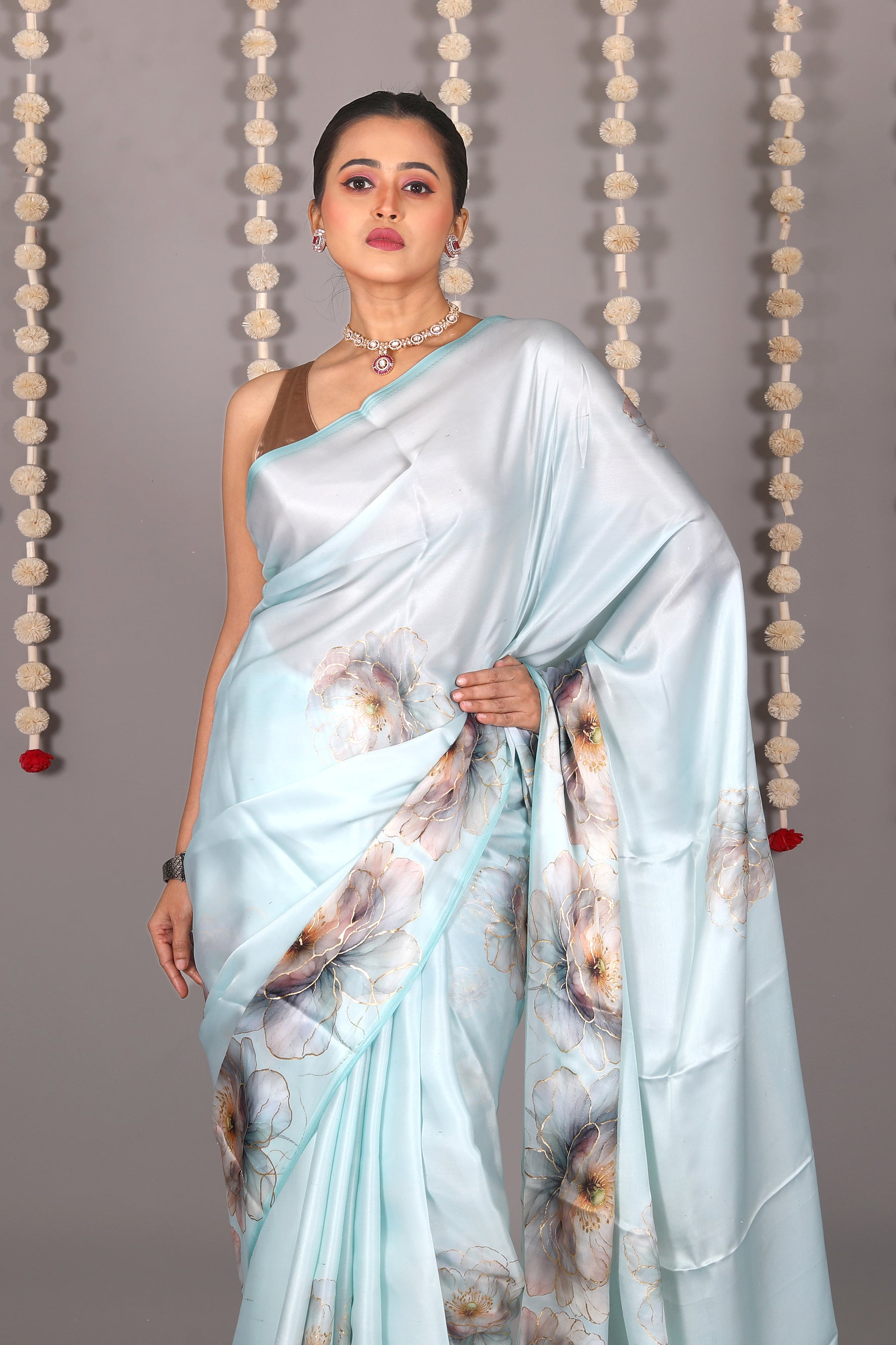 Sea Green Blended Satin Silk Saree - Keya Seth Exclusive