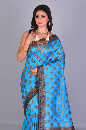 Light Blue Art Silk Saree with Navy Blue Borders - Keya Seth Exclusive