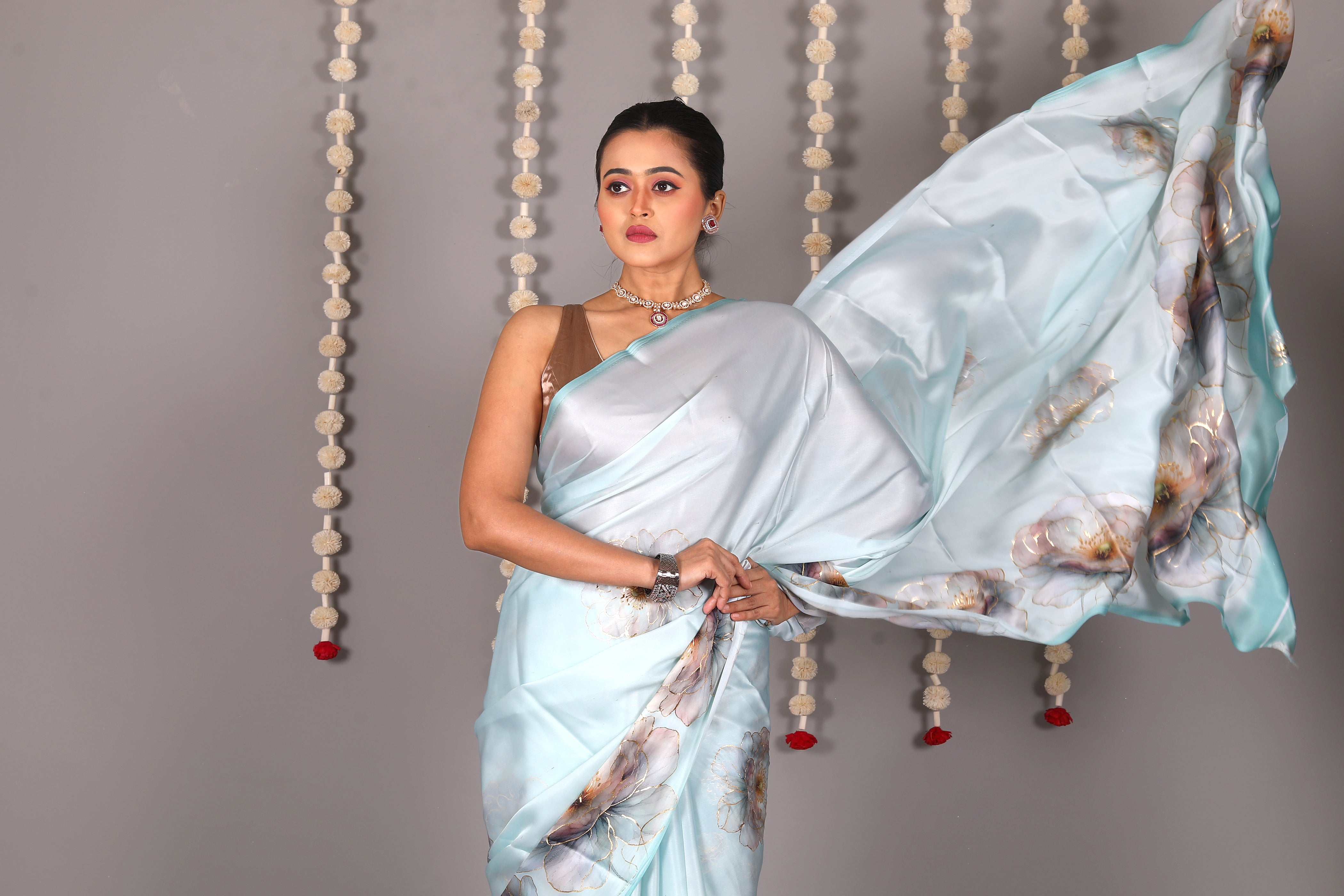 Sea Green Blended Satin Silk Saree - Keya Seth Exclusive