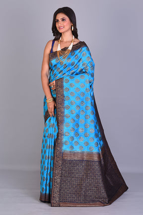 Light Blue Art Silk Saree with Navy Blue Borders - Keya Seth Exclusive