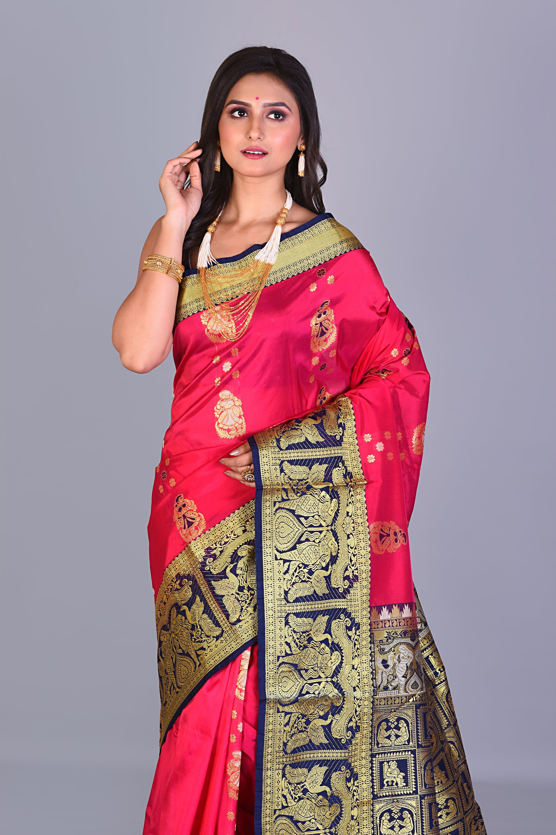 Pink Blended Kanjivaram Silk Saree with Blue Borders - Keya Seth Exclusive