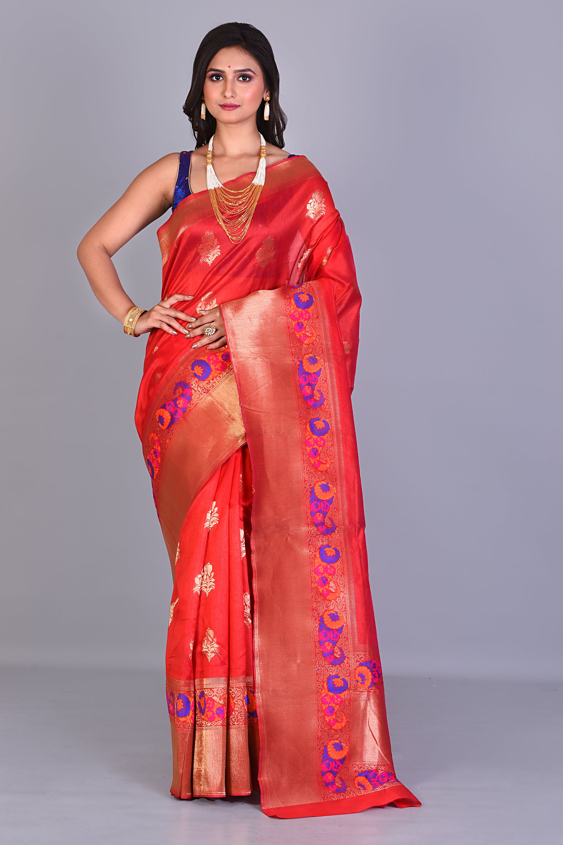 Red Blended Katan Silk Saree with Golden Borders - Keya Seth Exclusive