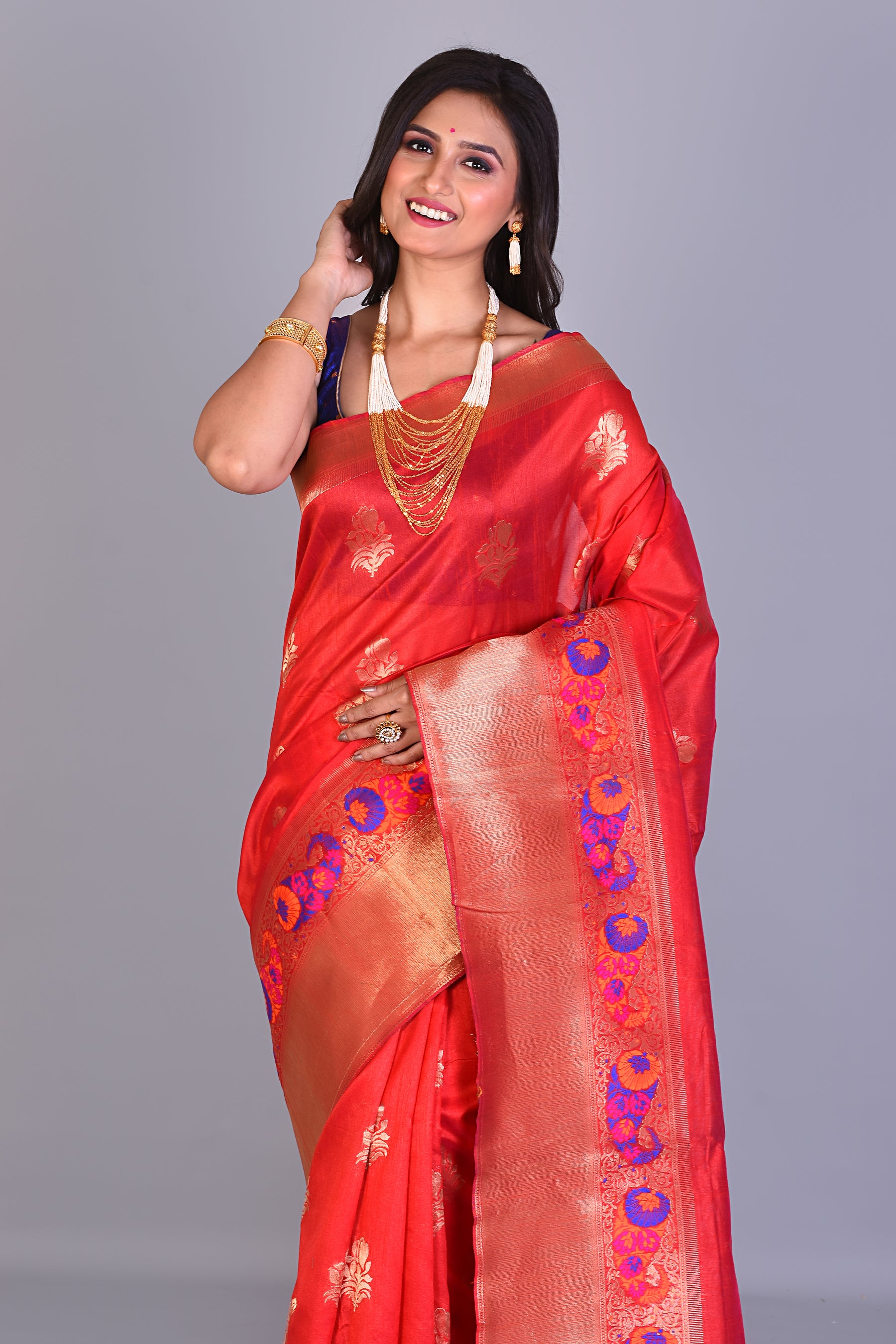 Red Blended Katan Silk Saree with Golden Borders - Keya Seth Exclusive