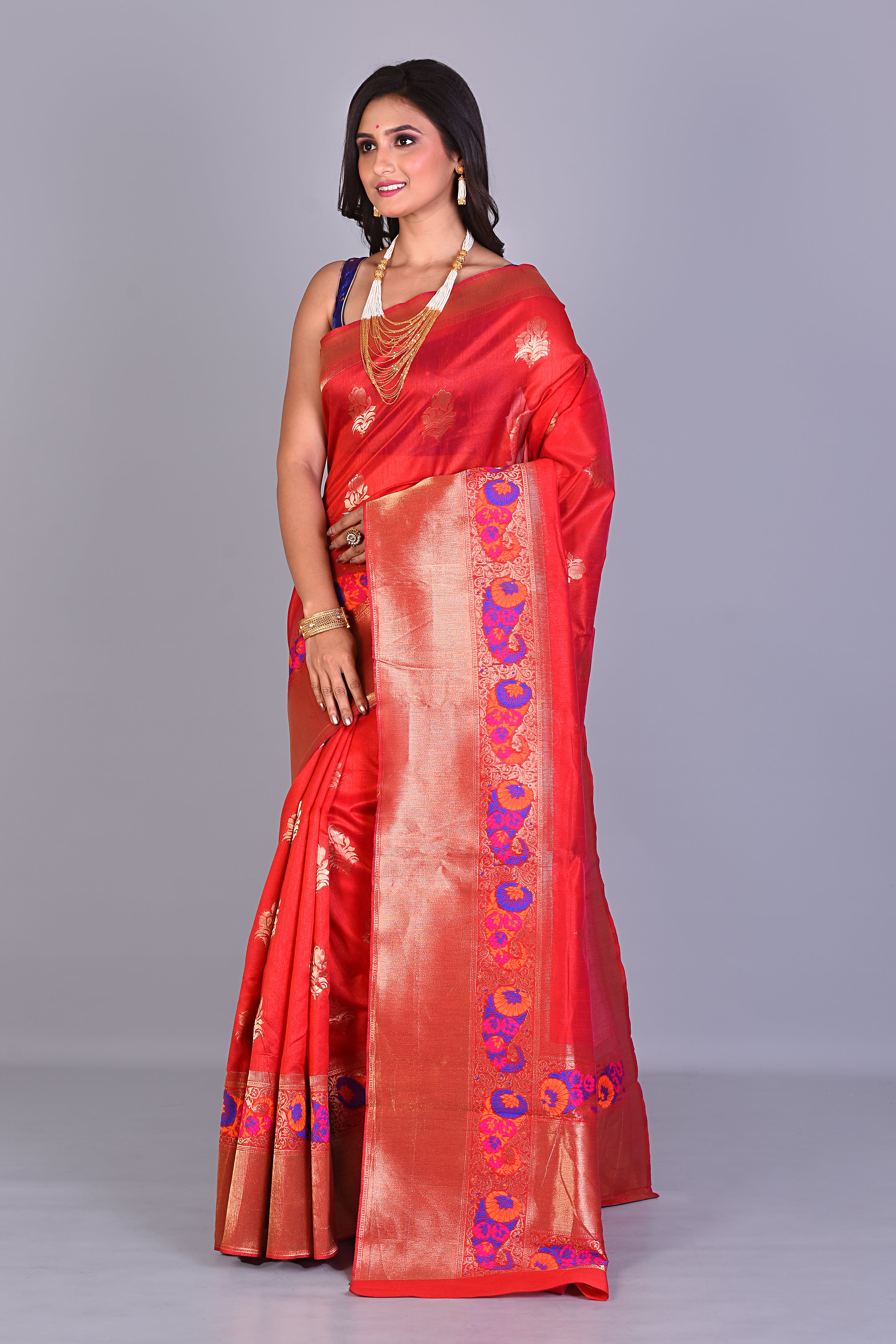 Red Blended Katan Silk Saree with Golden Borders - Keya Seth Exclusive