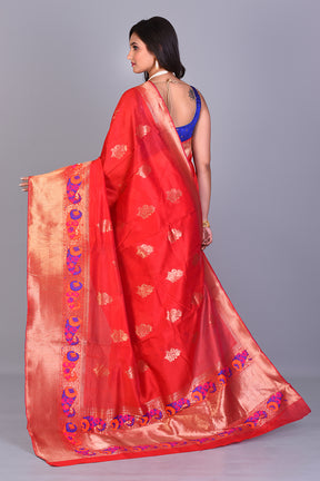 Red Blended Katan Silk Saree with Golden Borders - Keya Seth Exclusive