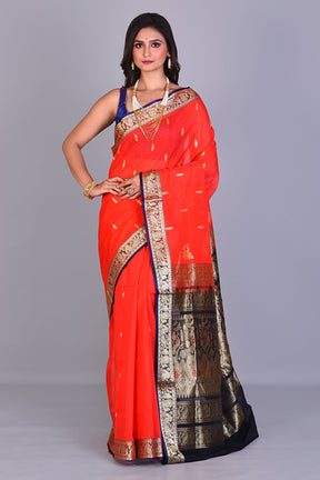 Red Pattu Silk Saree with Navy Blue Borders - Keya Seth Exclusive