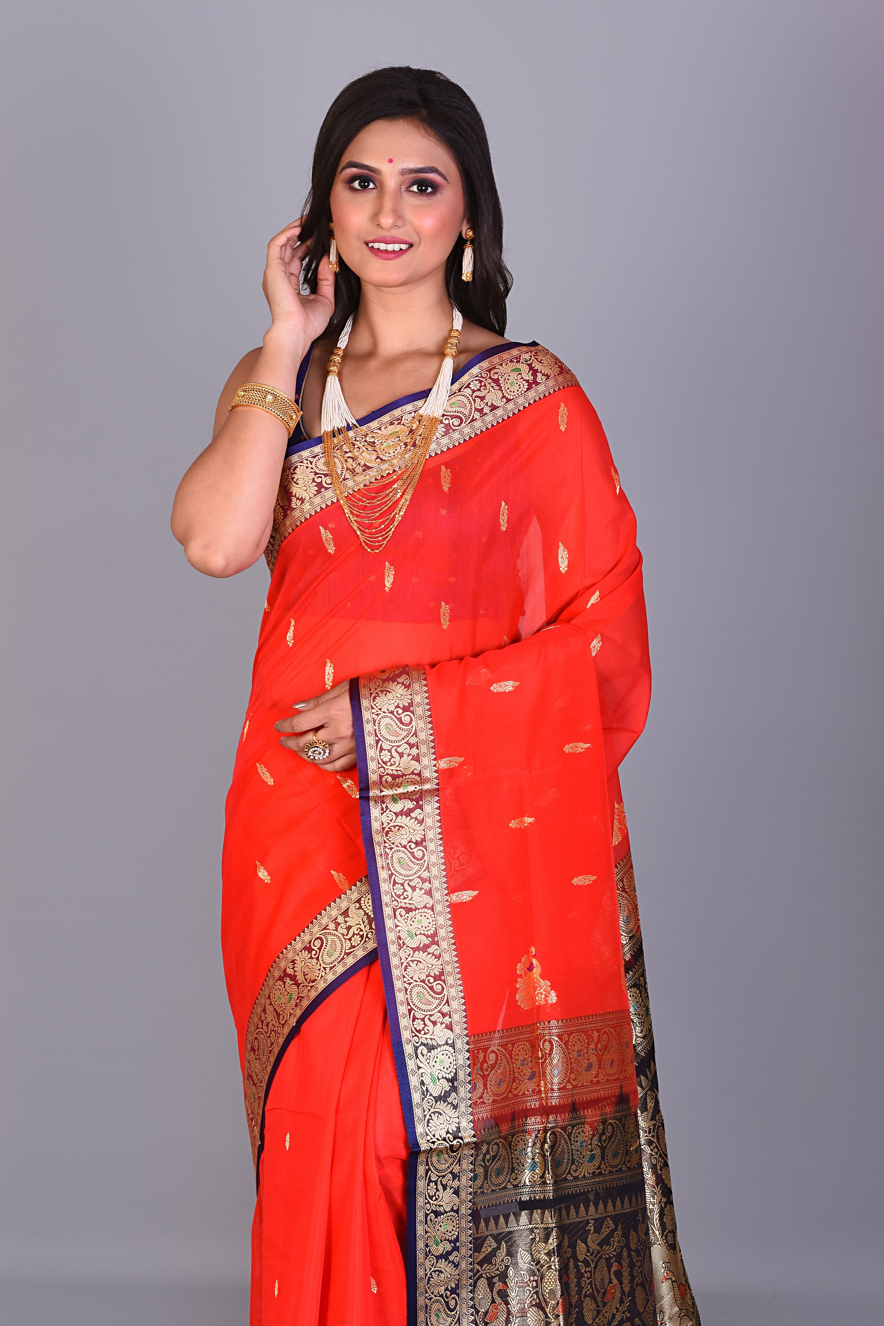 Red Pattu Silk Saree with Navy Blue Borders - Keya Seth Exclusive