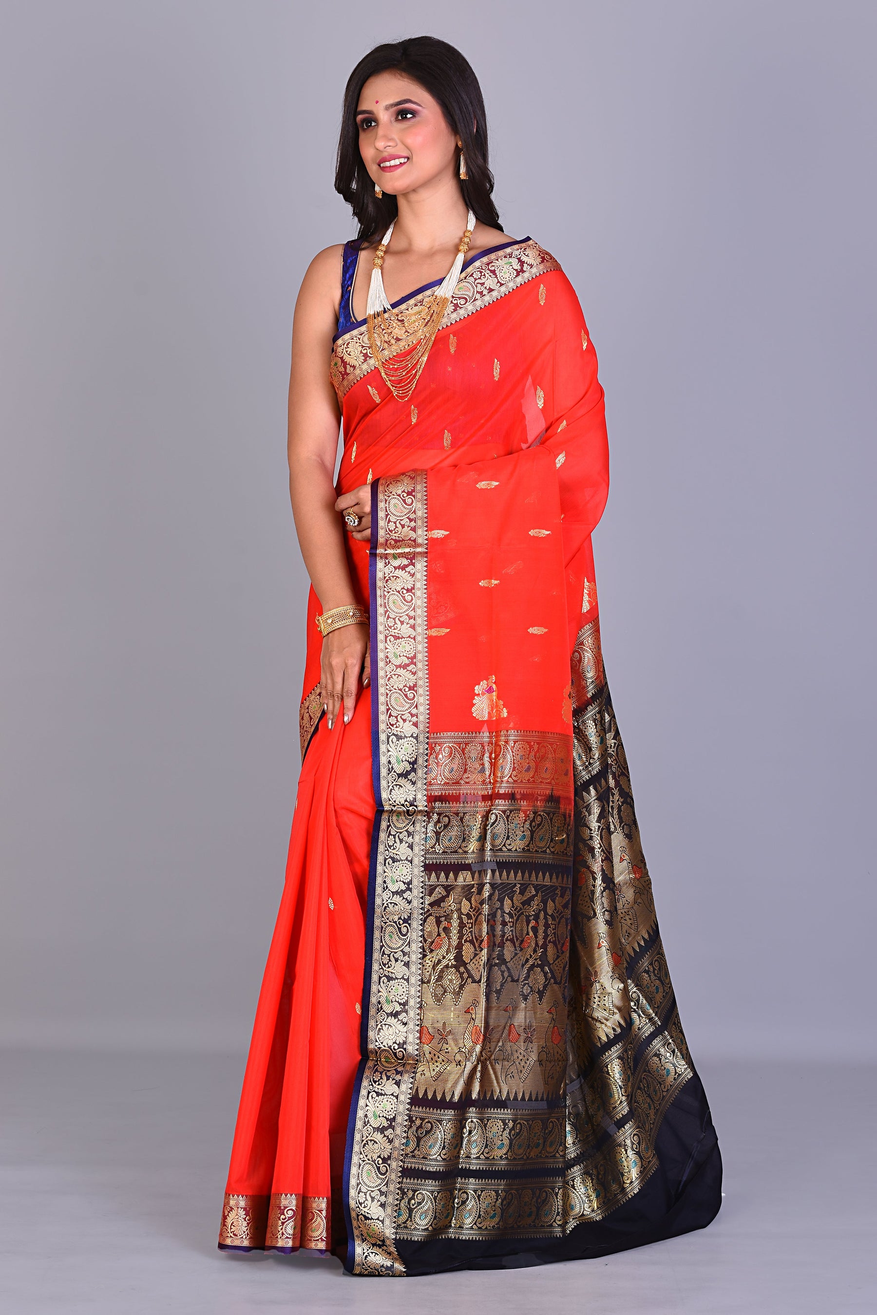 Red Pattu Silk Saree with Navy Blue Borders - Keya Seth Exclusive