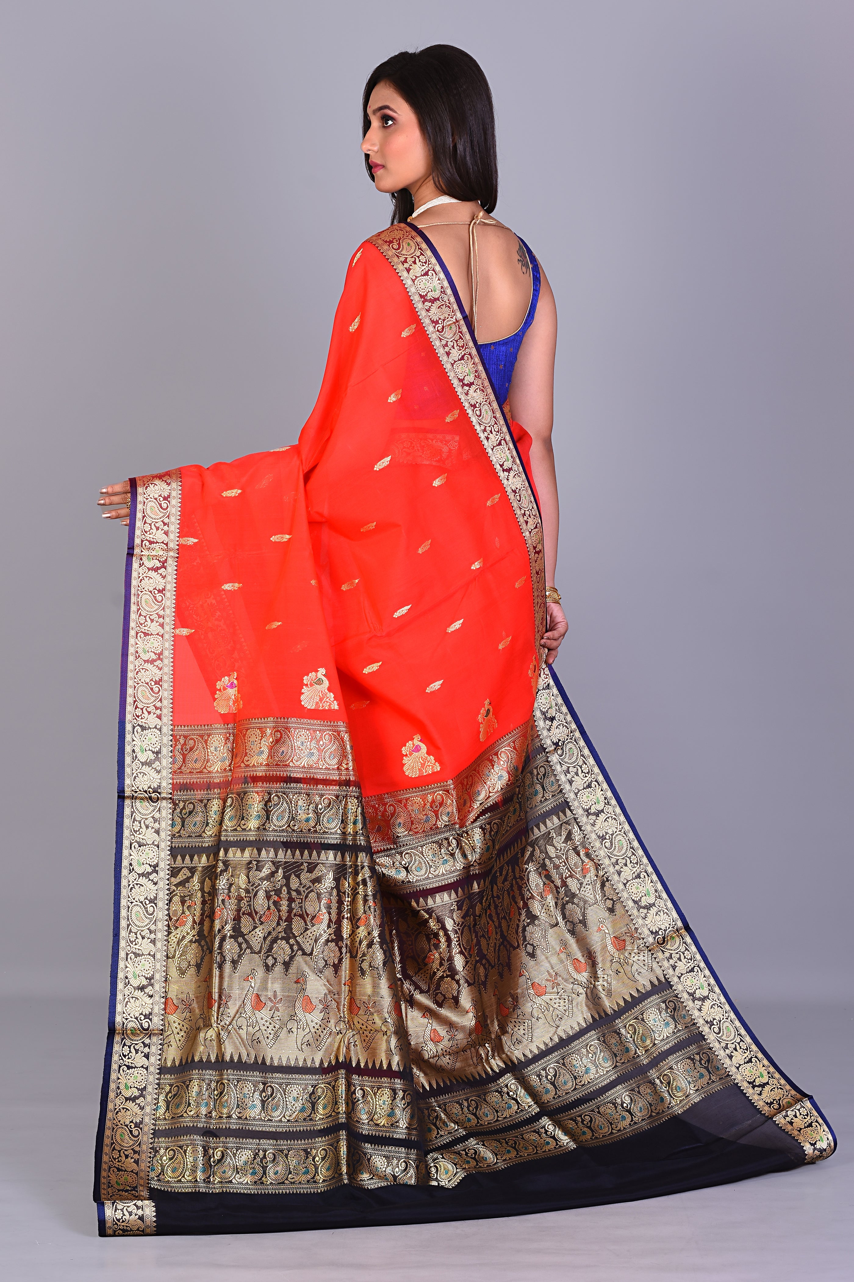 Red Pattu Silk Saree with Navy Blue Borders - Keya Seth Exclusive