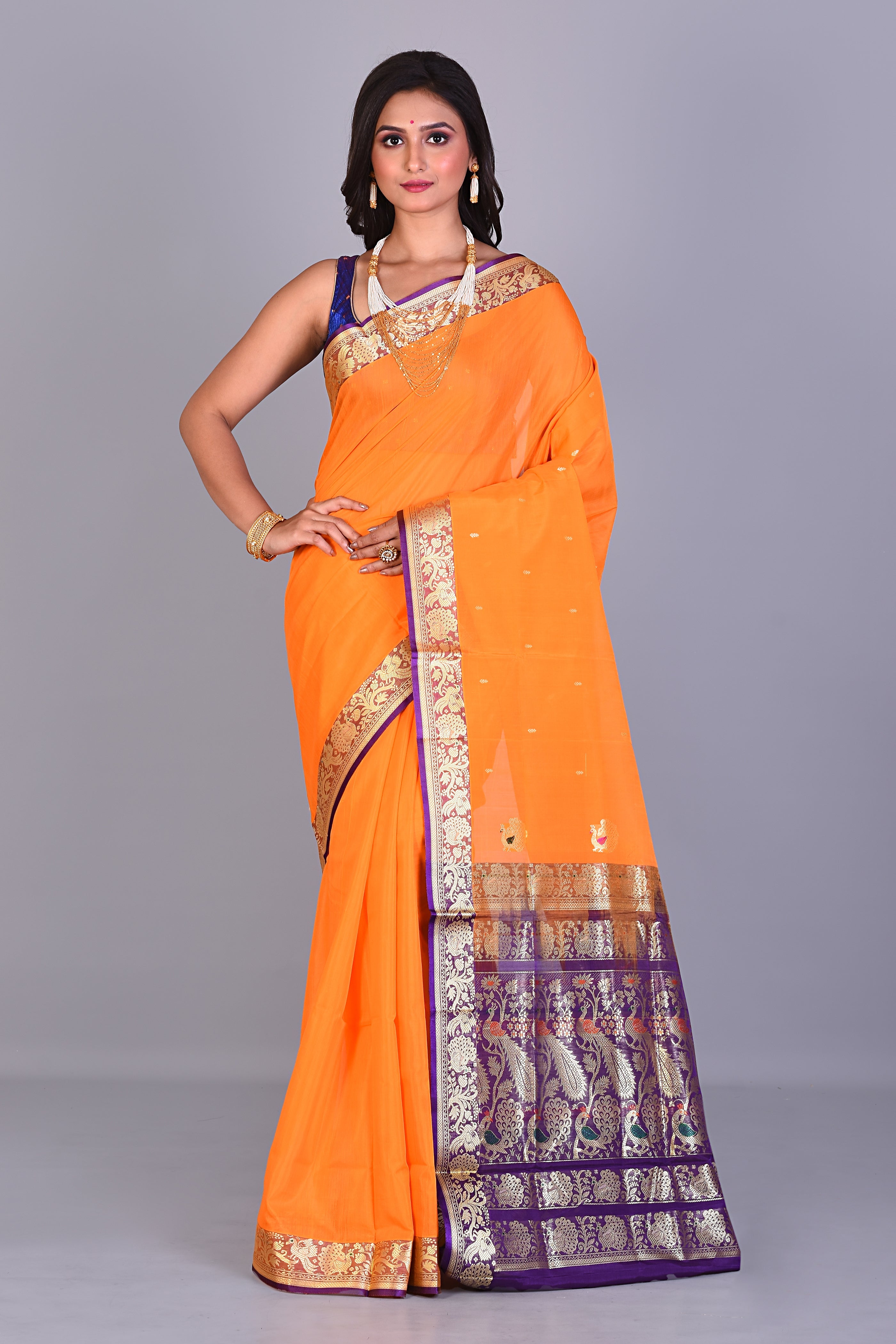 Orange Pattu Silk Saree with Purple Borders - Keya Seth Exclusive