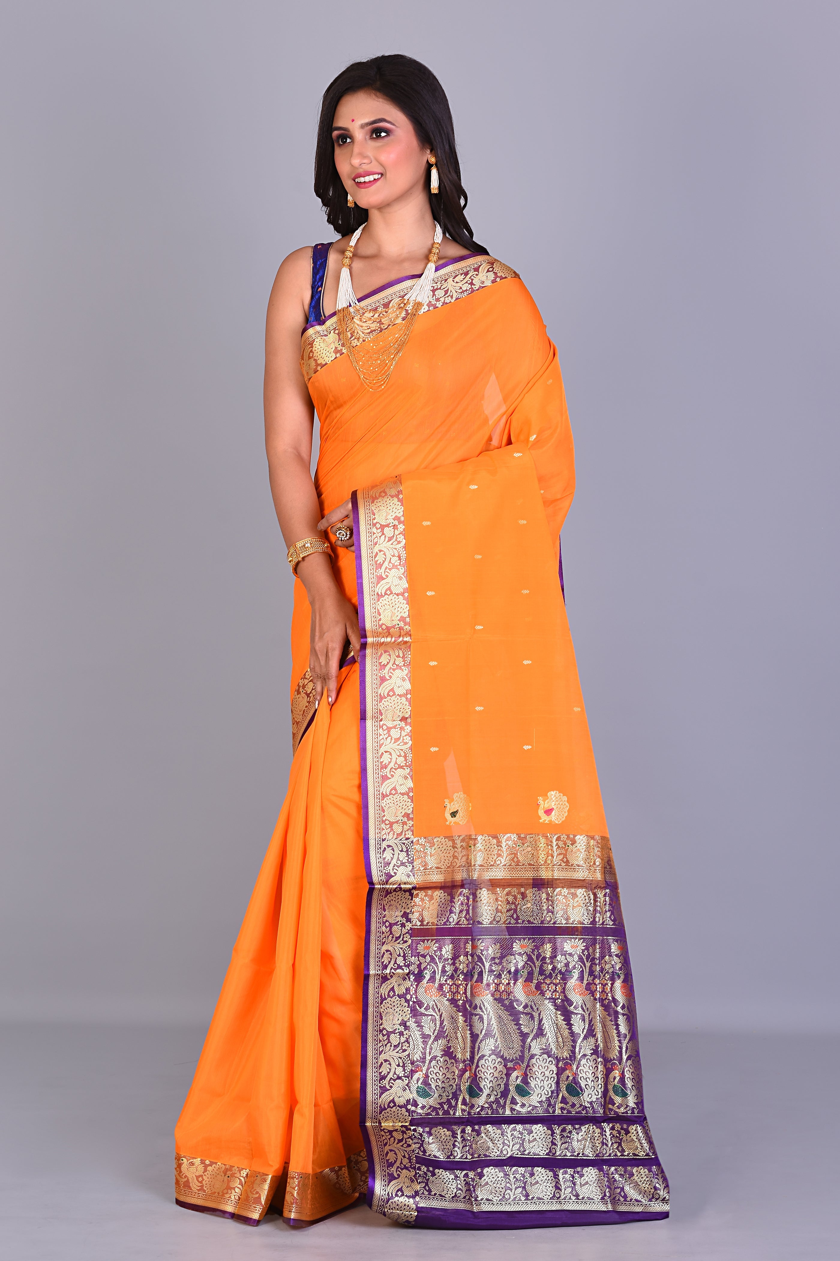 Orange Pattu Silk Saree with Purple Borders - Keya Seth Exclusive