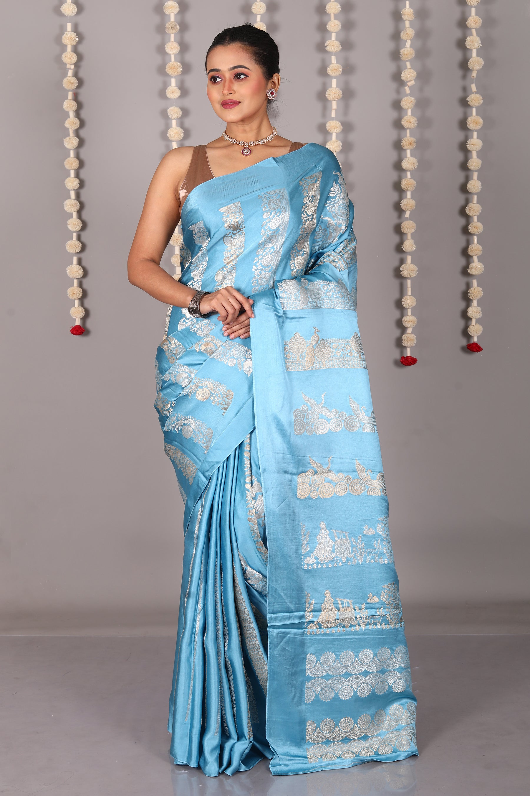 Blue Blended Satin Silk Saree - Keya Seth Exclusive