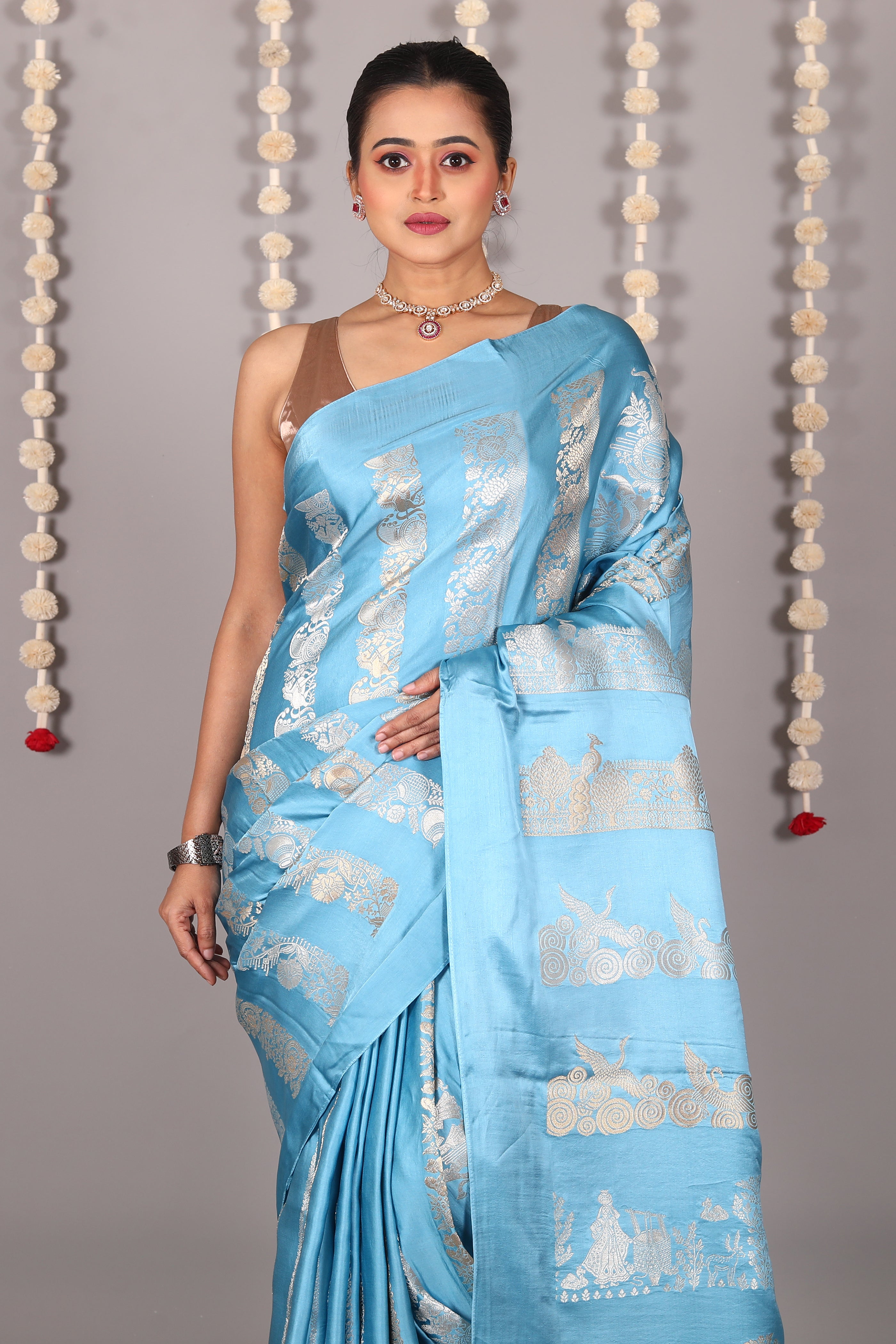 Blue Blended Satin Silk Saree - Keya Seth Exclusive