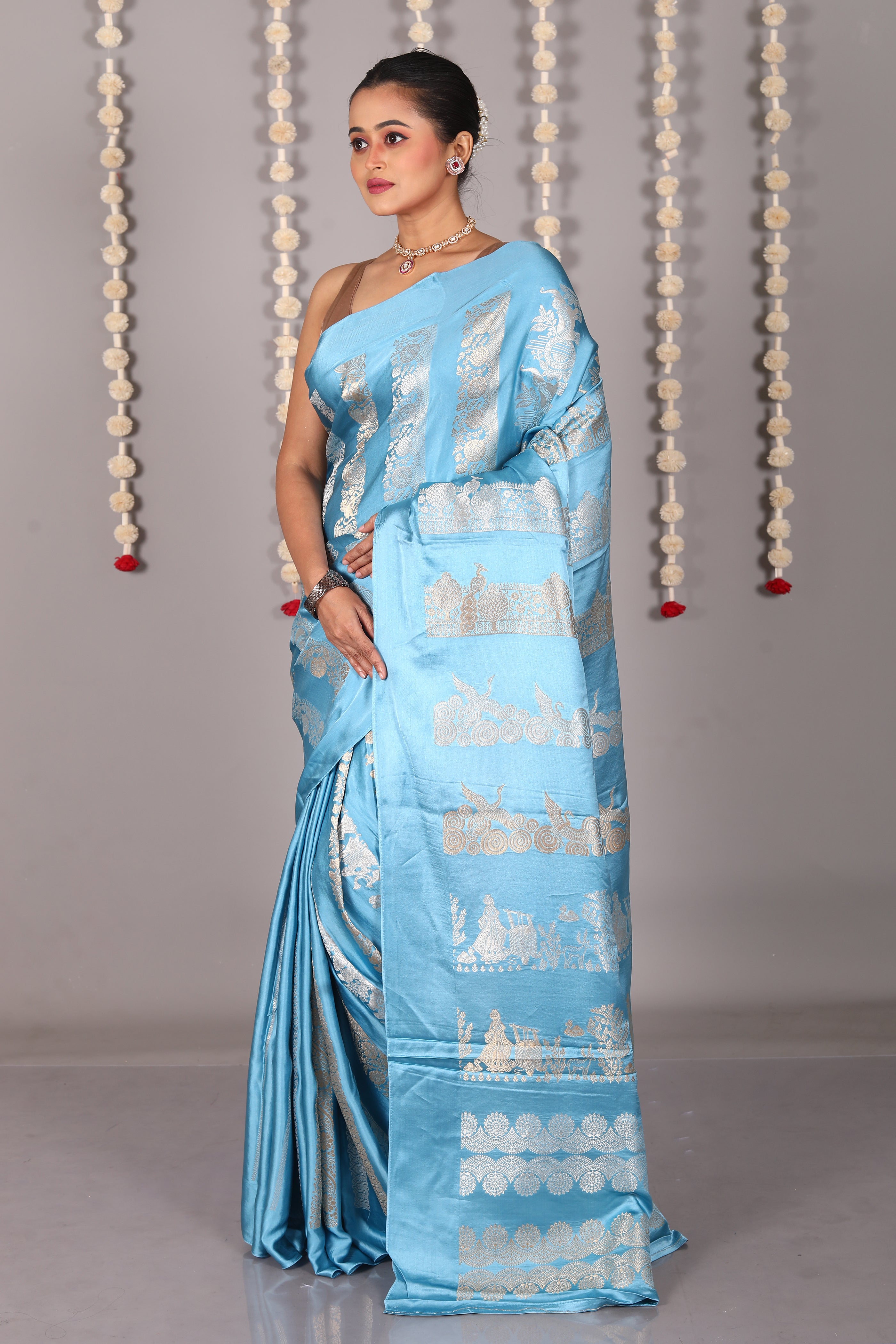 Blue Blended Satin Silk Saree - Keya Seth Exclusive