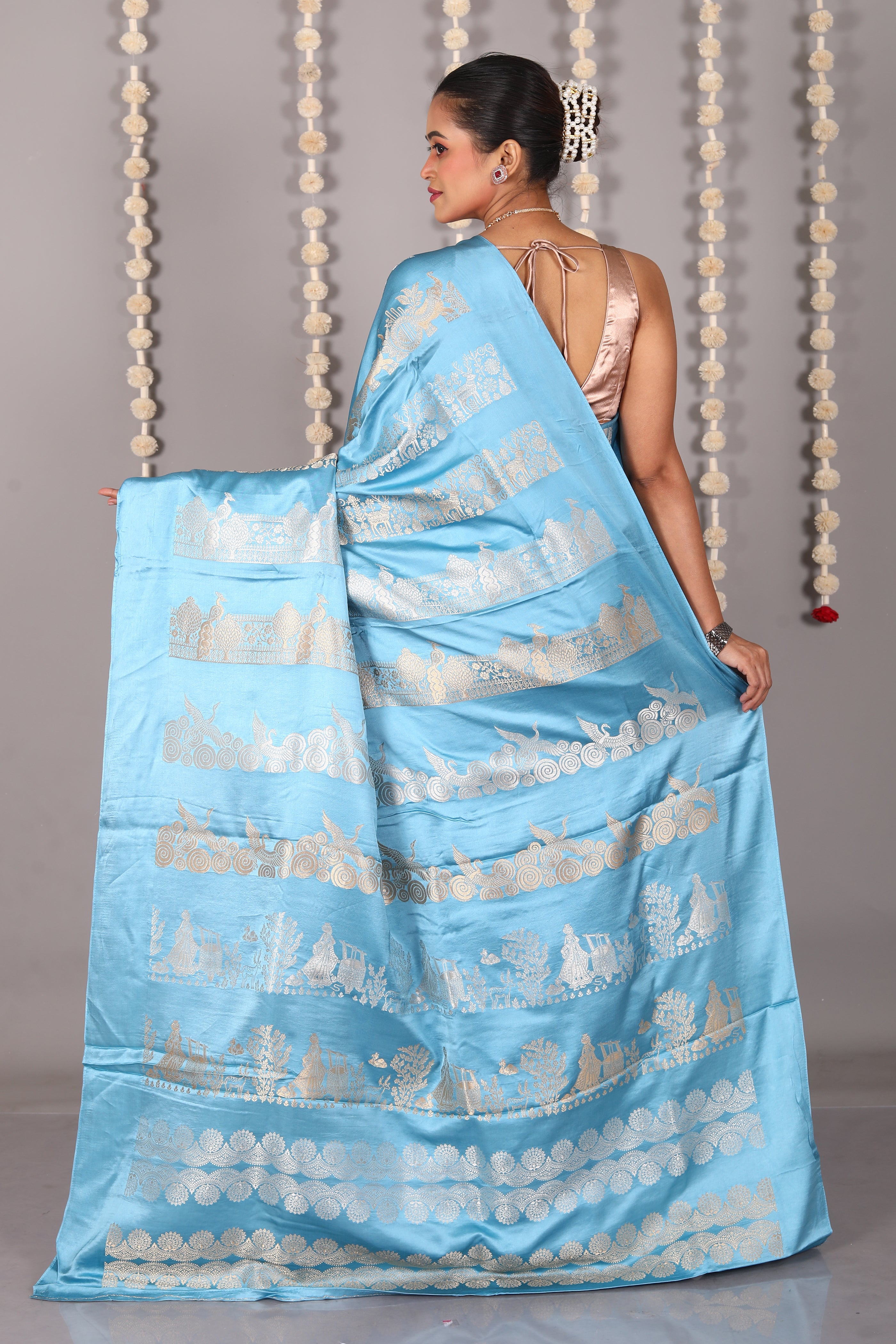 Blue Blended Satin Silk Saree - Keya Seth Exclusive