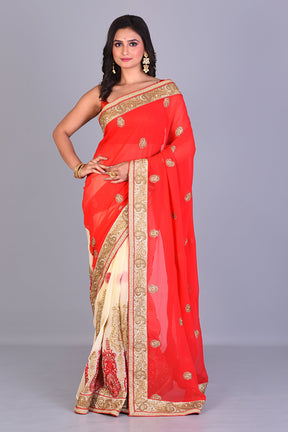 Red & Beige Half & Half Georgette Saree - Keya Seth Exclusive