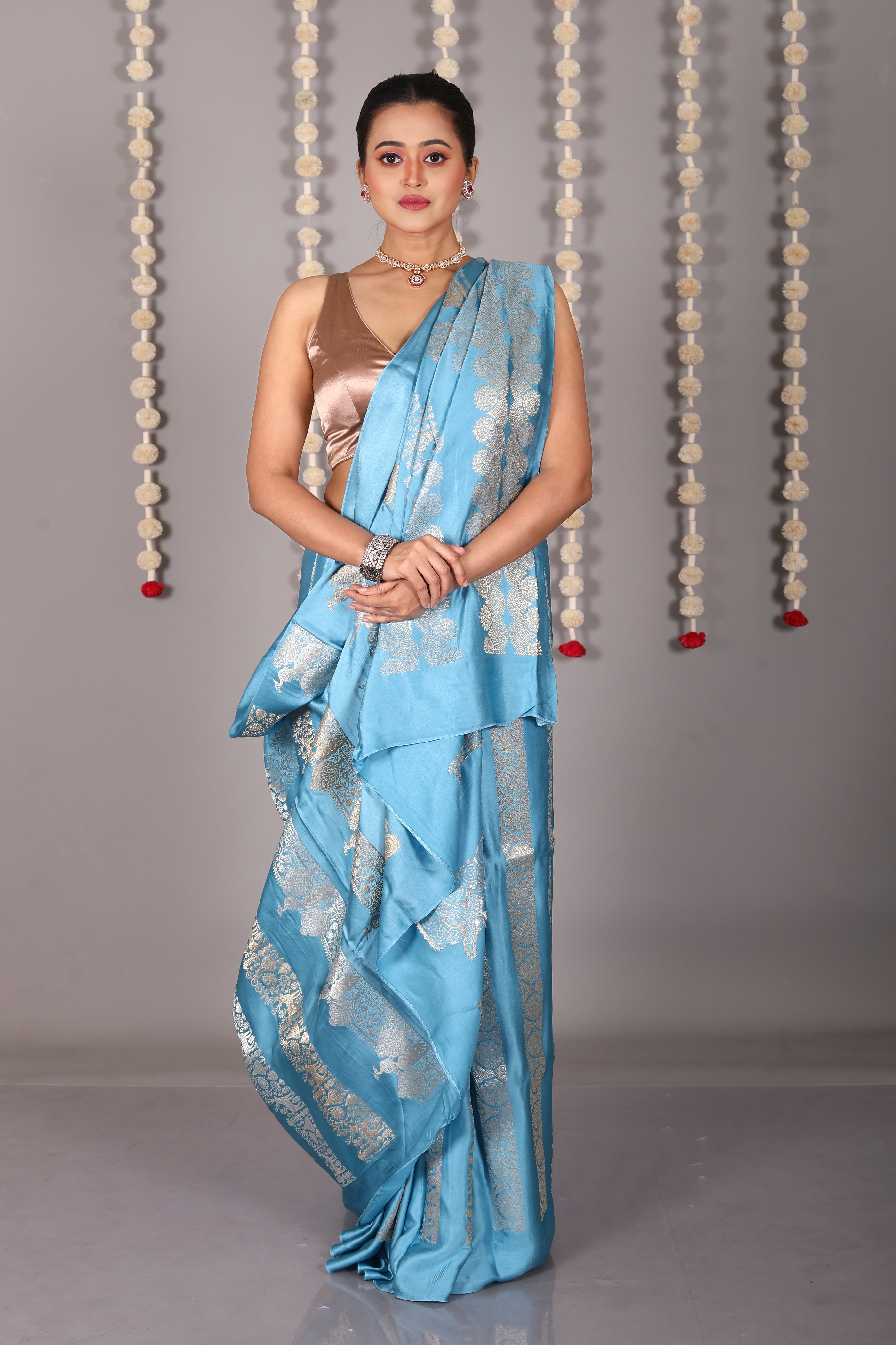 Blue Blended Satin Silk Saree - Keya Seth Exclusive