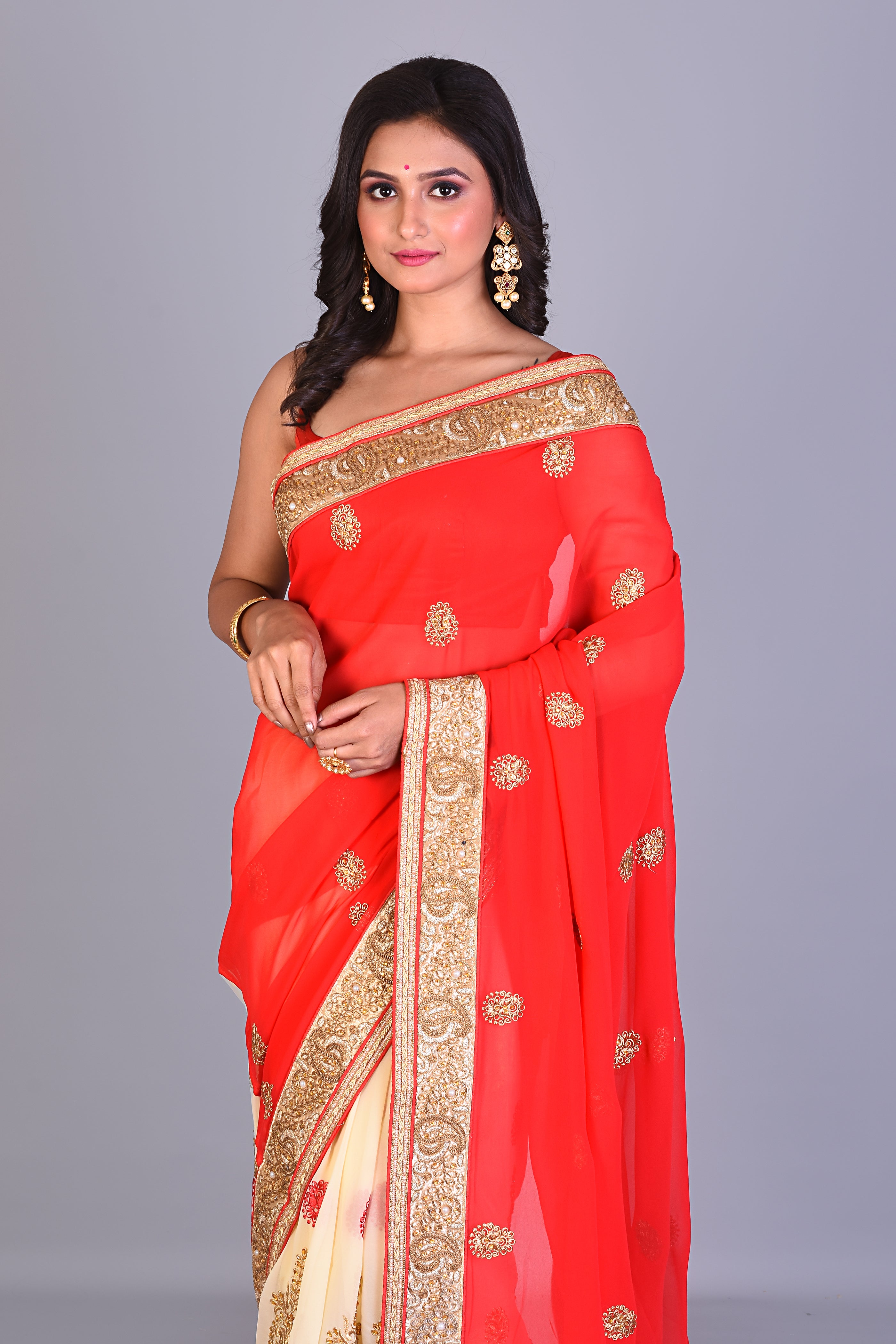 Red & Beige Half & Half Georgette Saree - Keya Seth Exclusive