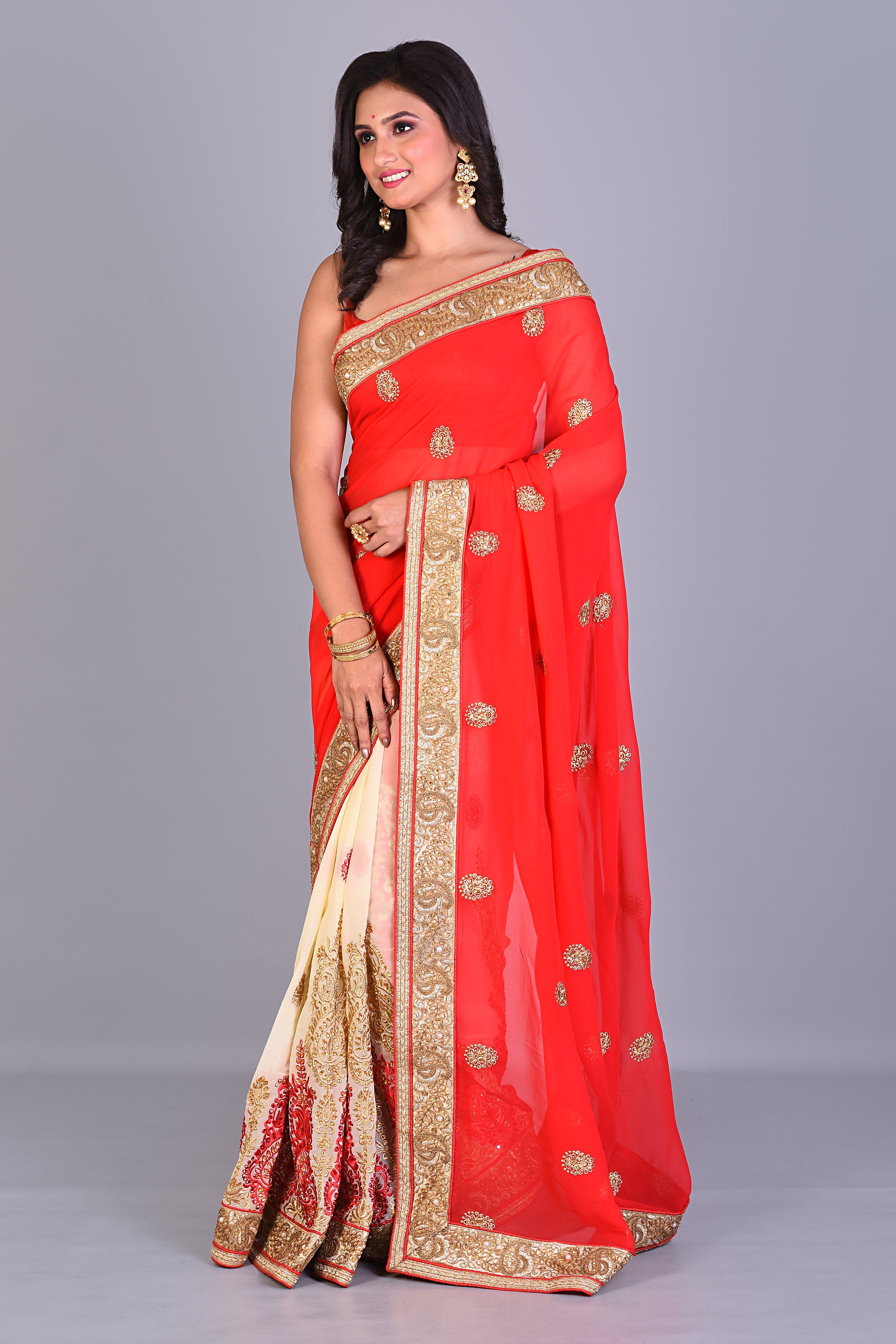 Red & Beige Half & Half Georgette Saree - Keya Seth Exclusive