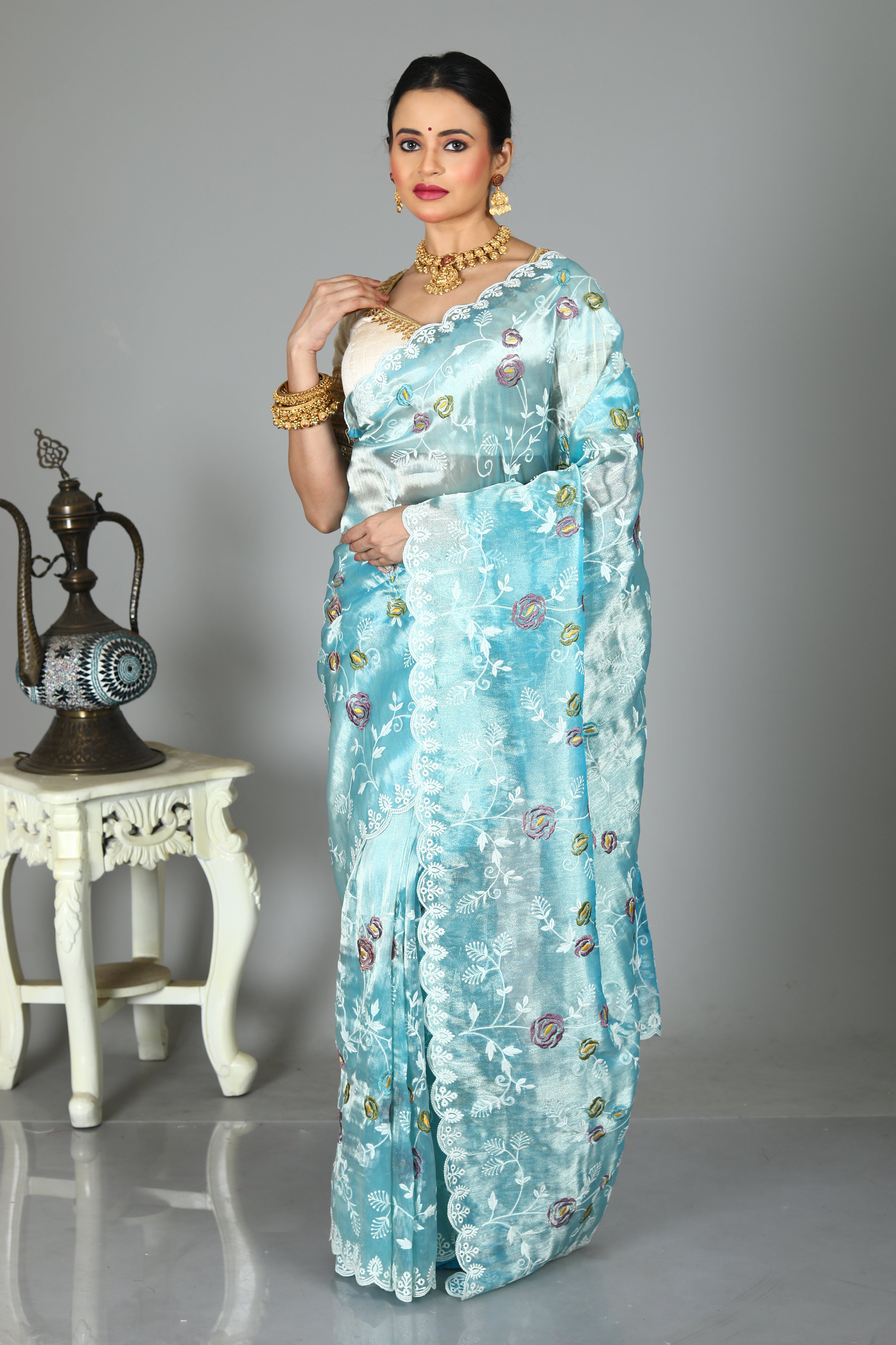Sky Blue Blended Organza Silk Saree