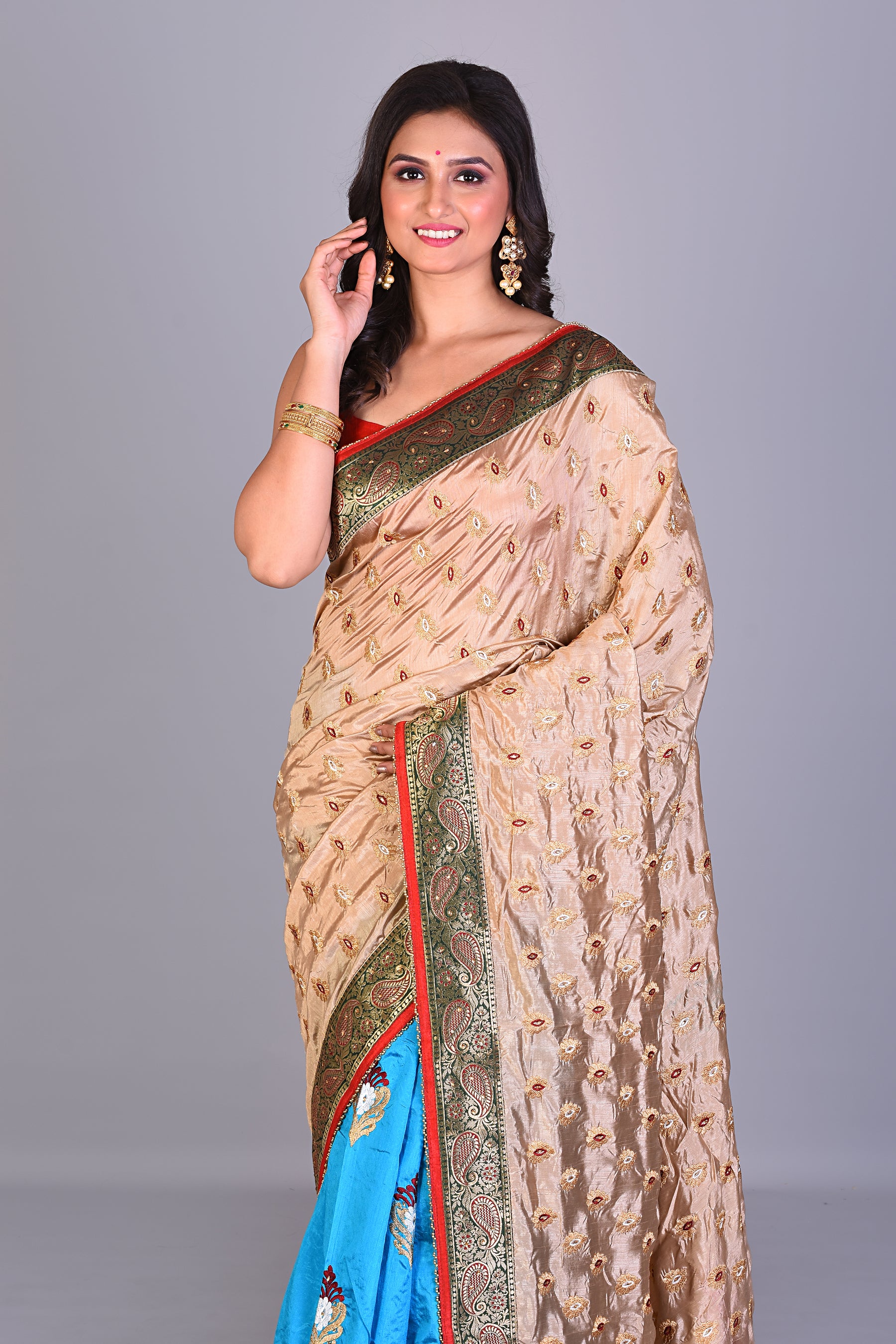 Blue & Beige Half & Half Silk Saree - Keya Seth Exclusive