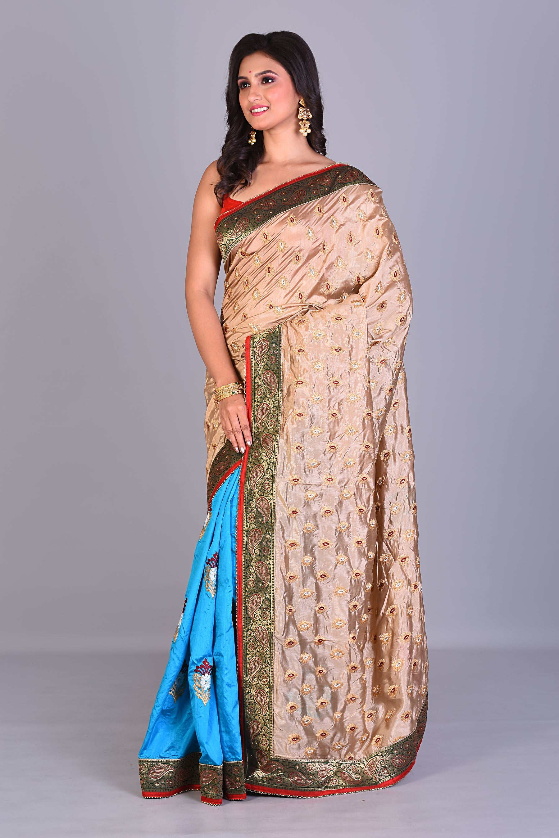 Blue & Beige Half & Half Silk Saree - Keya Seth Exclusive