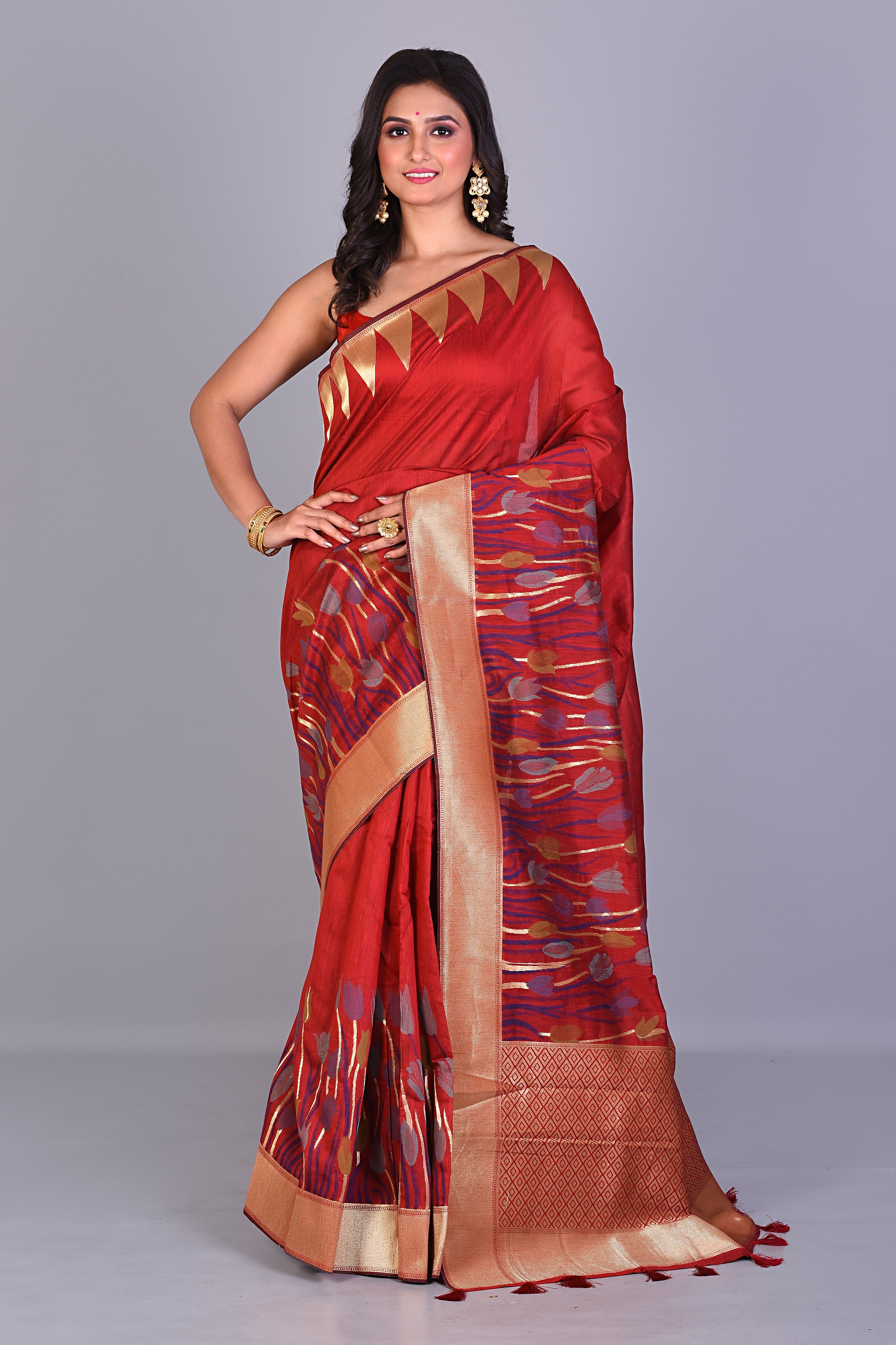 Red Blended Silk Saree with Golden Borders - Keya Seth Exclusive