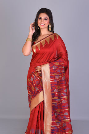 Red Blended Silk Saree with Golden Borders - Keya Seth Exclusive