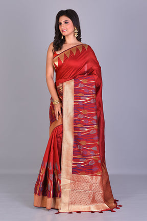 Red Blended Silk Saree with Golden Borders - Keya Seth Exclusive