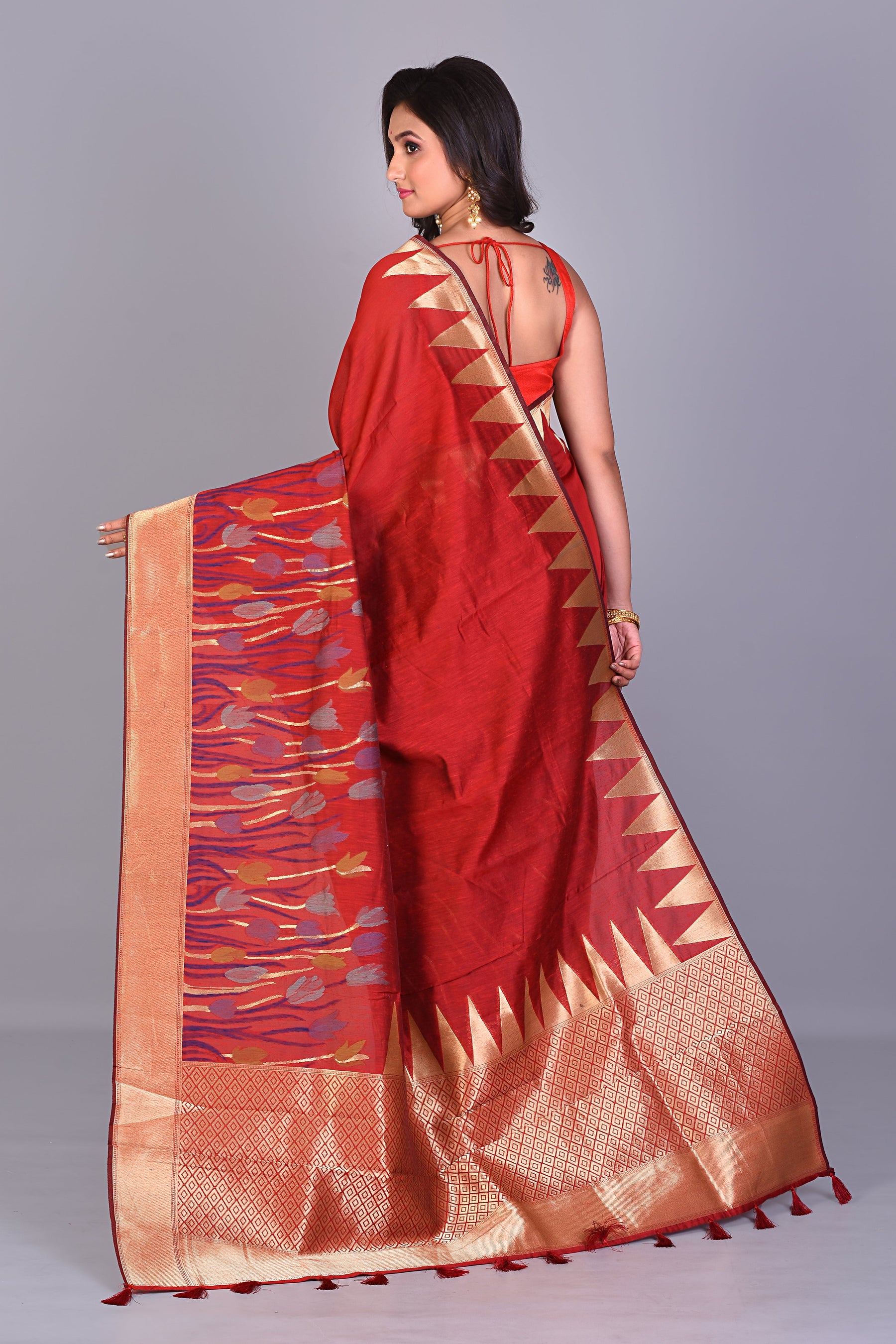 Red Blended Silk Saree with Golden Borders - Keya Seth Exclusive